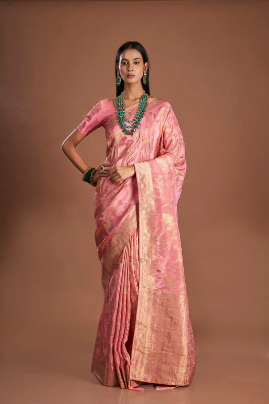 Women Pink Viscose Tissue Zari Saree