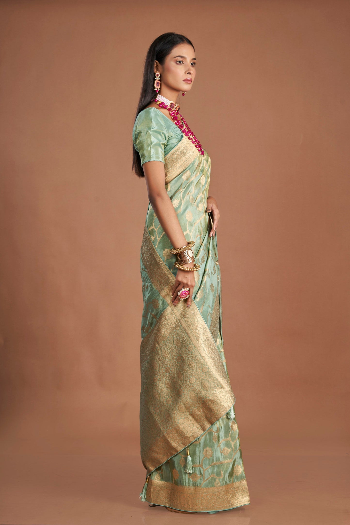 Women Green Viscose Tissue Zari Saree