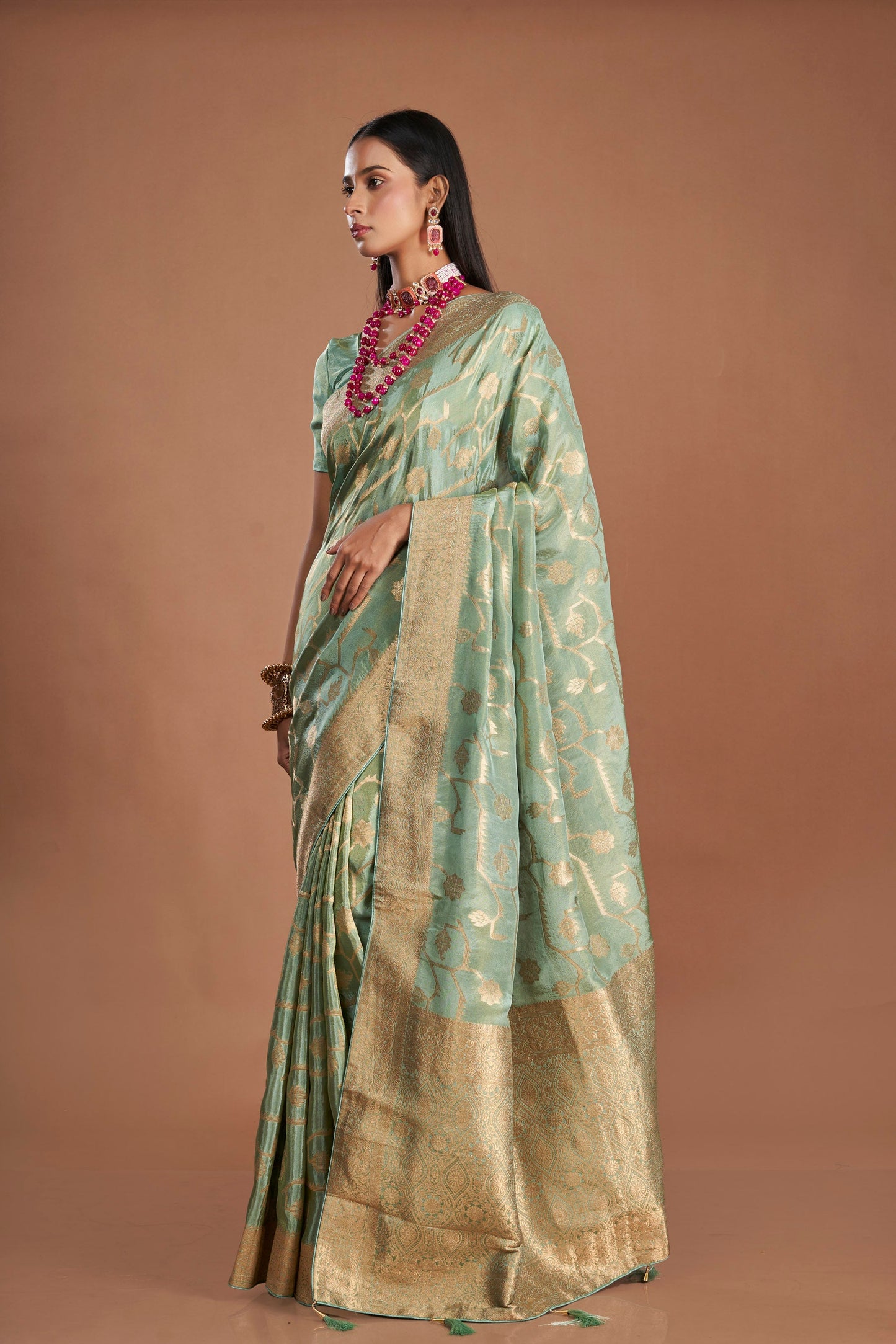 Women Green Viscose Tissue Zari Saree