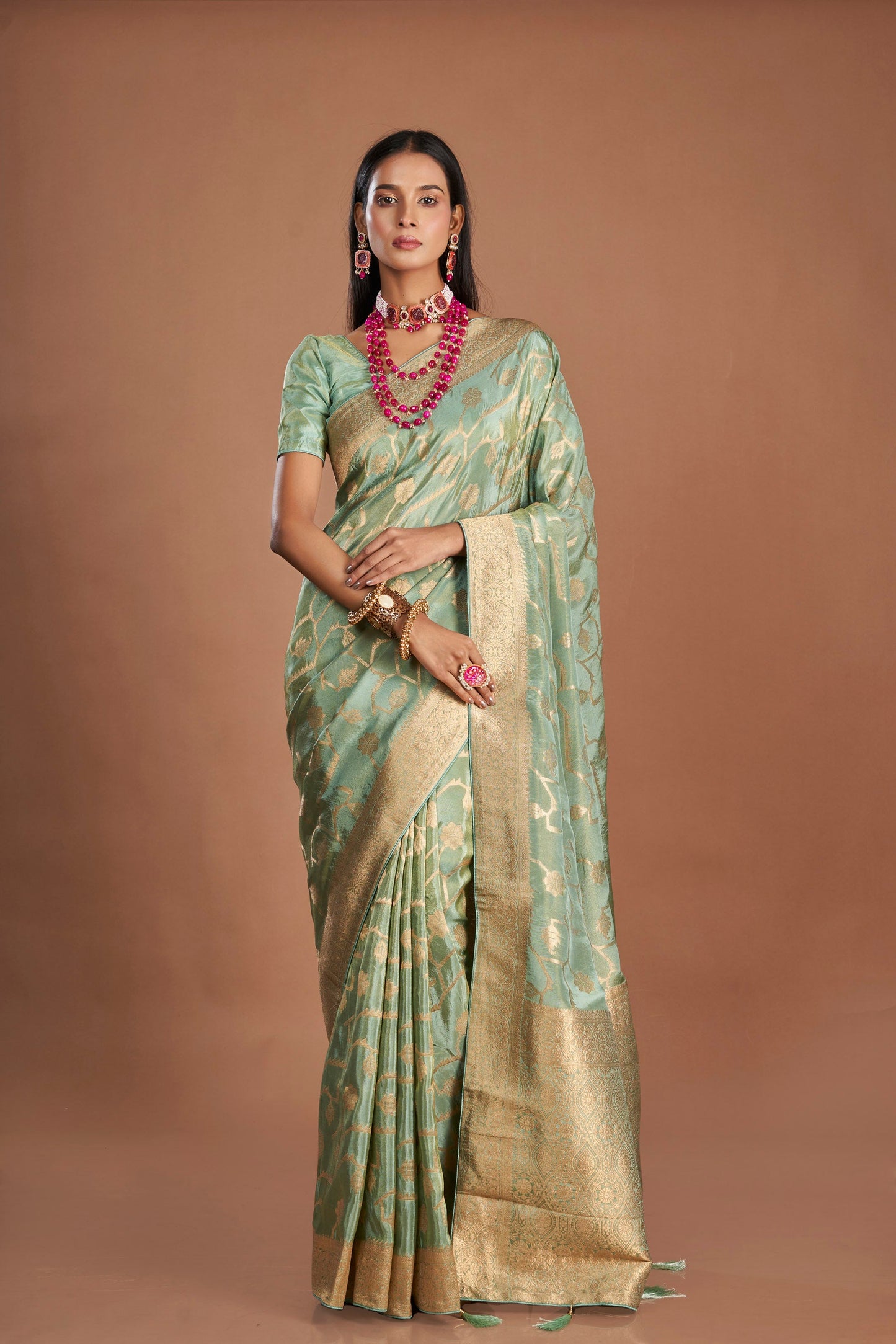 Women Green Viscose Tissue Zari Saree