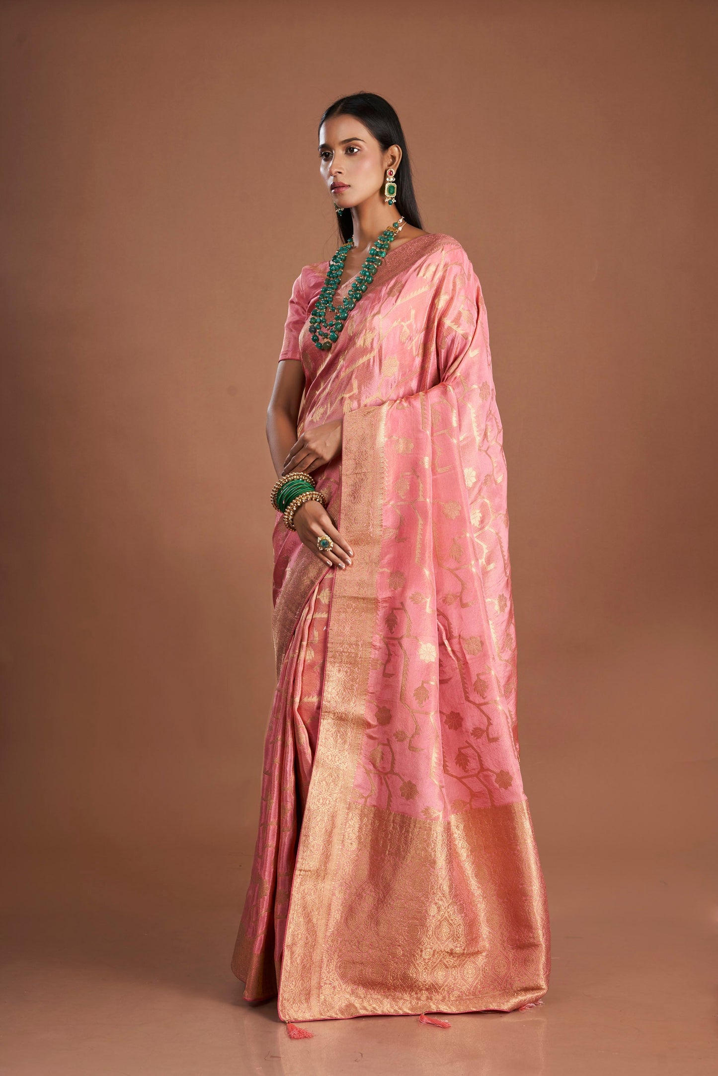 Women Pink Viscose Tissue Zari Saree