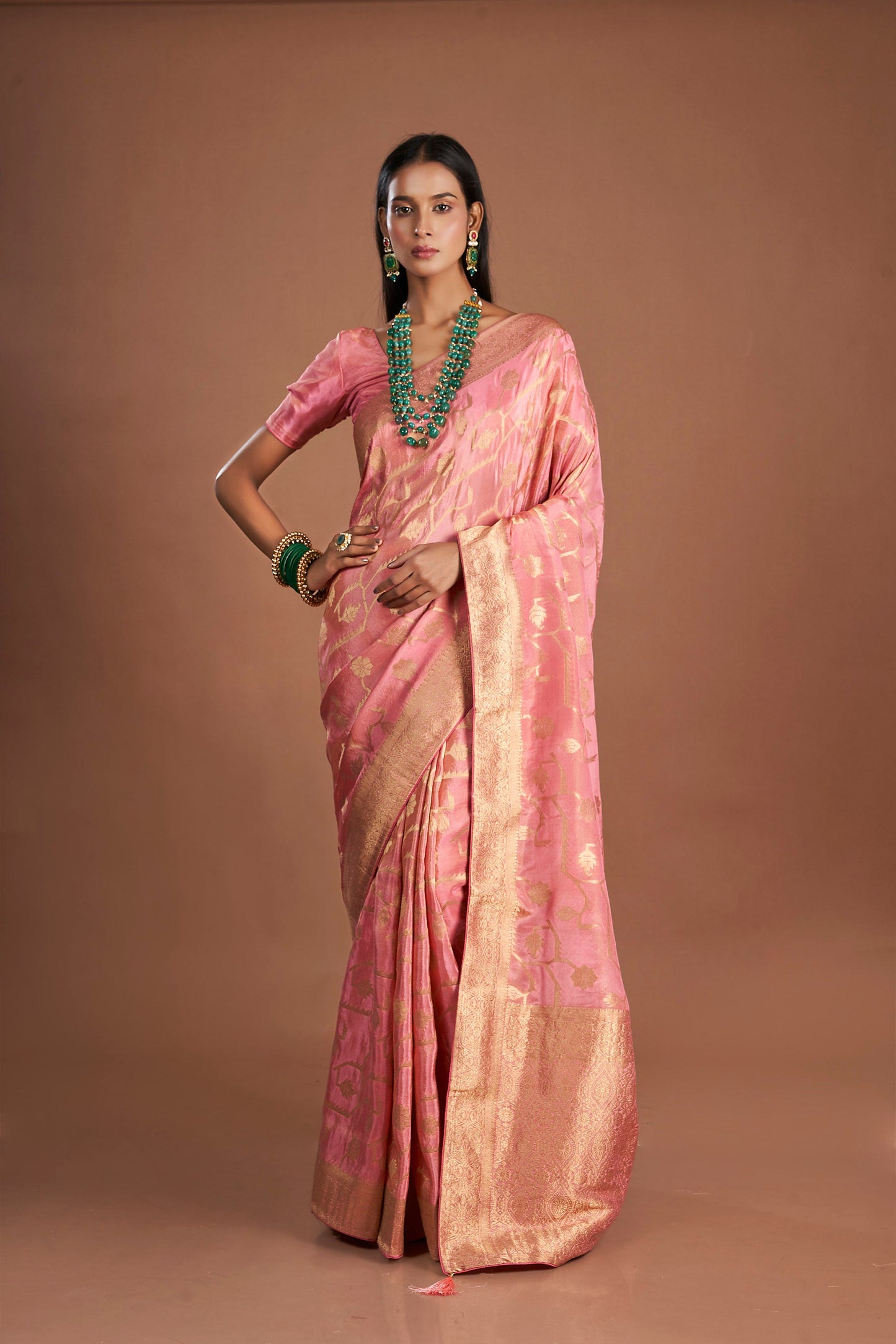 Women Pink Viscose Tissue Zari Saree