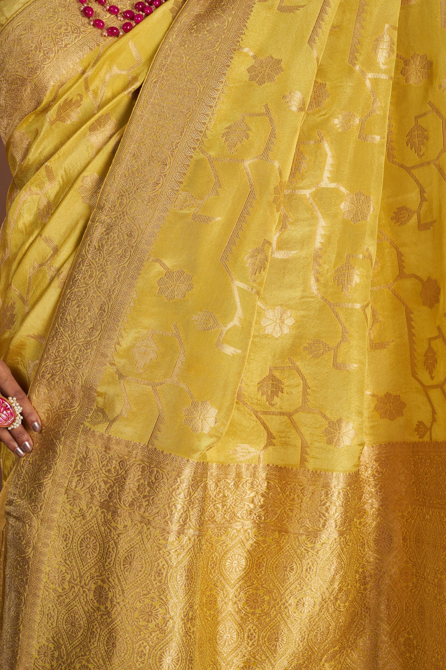 Women Yellow Viscose Tissue Zari Saree