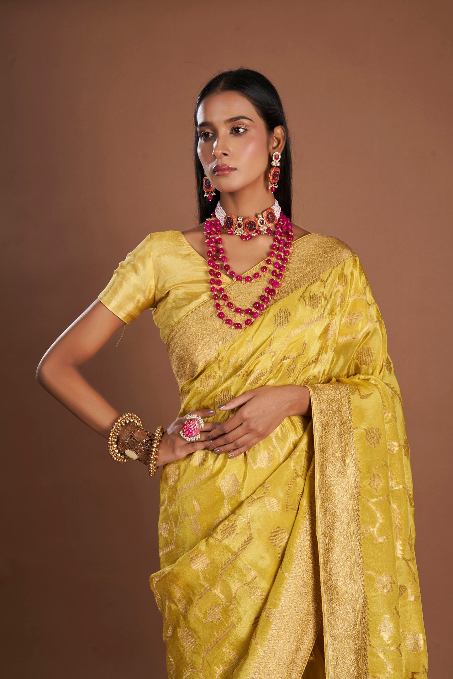 Women Yellow Viscose Tissue Zari Saree