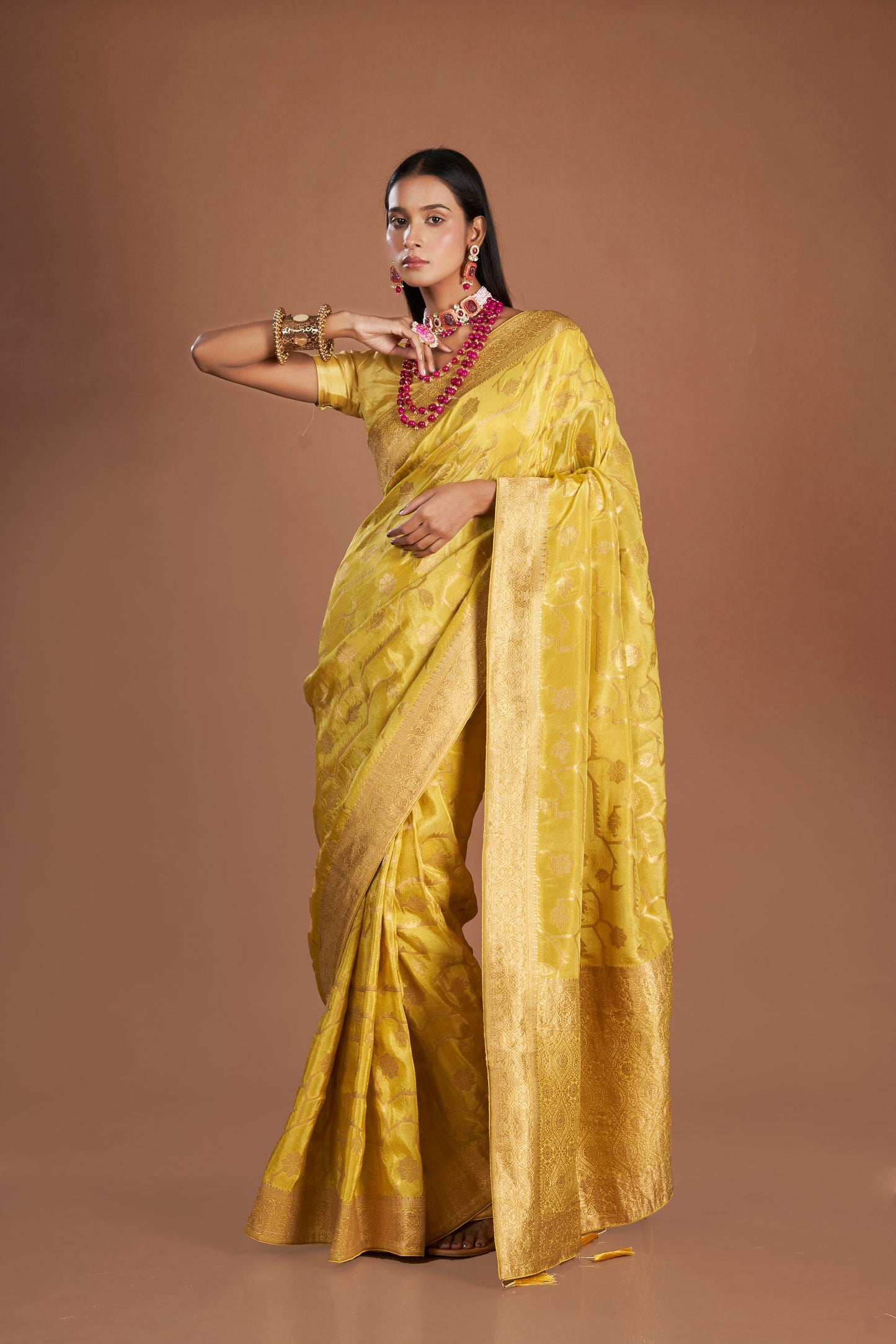 Women Yellow Viscose Tissue Zari Saree