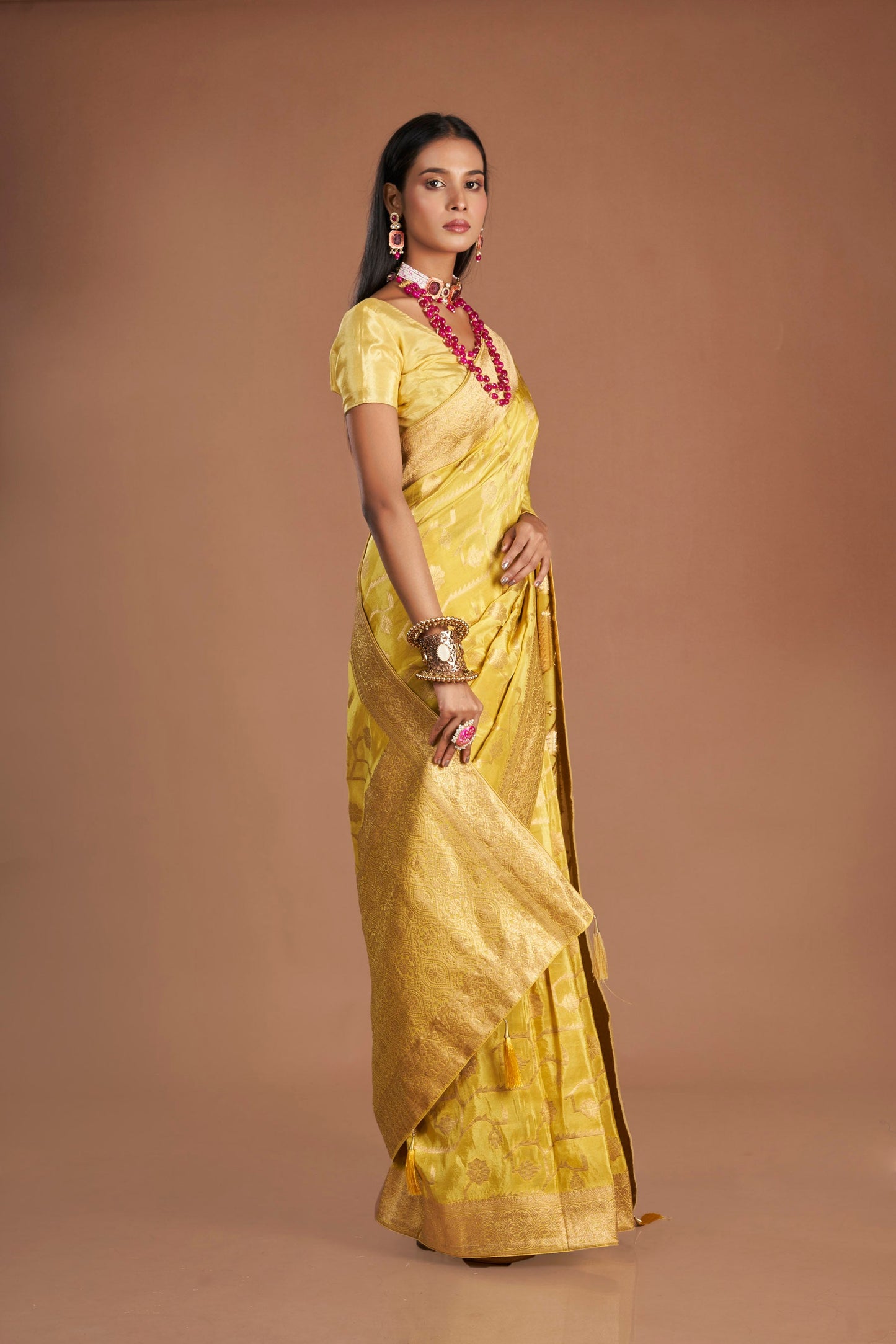 Women Yellow Viscose Tissue Zari Saree