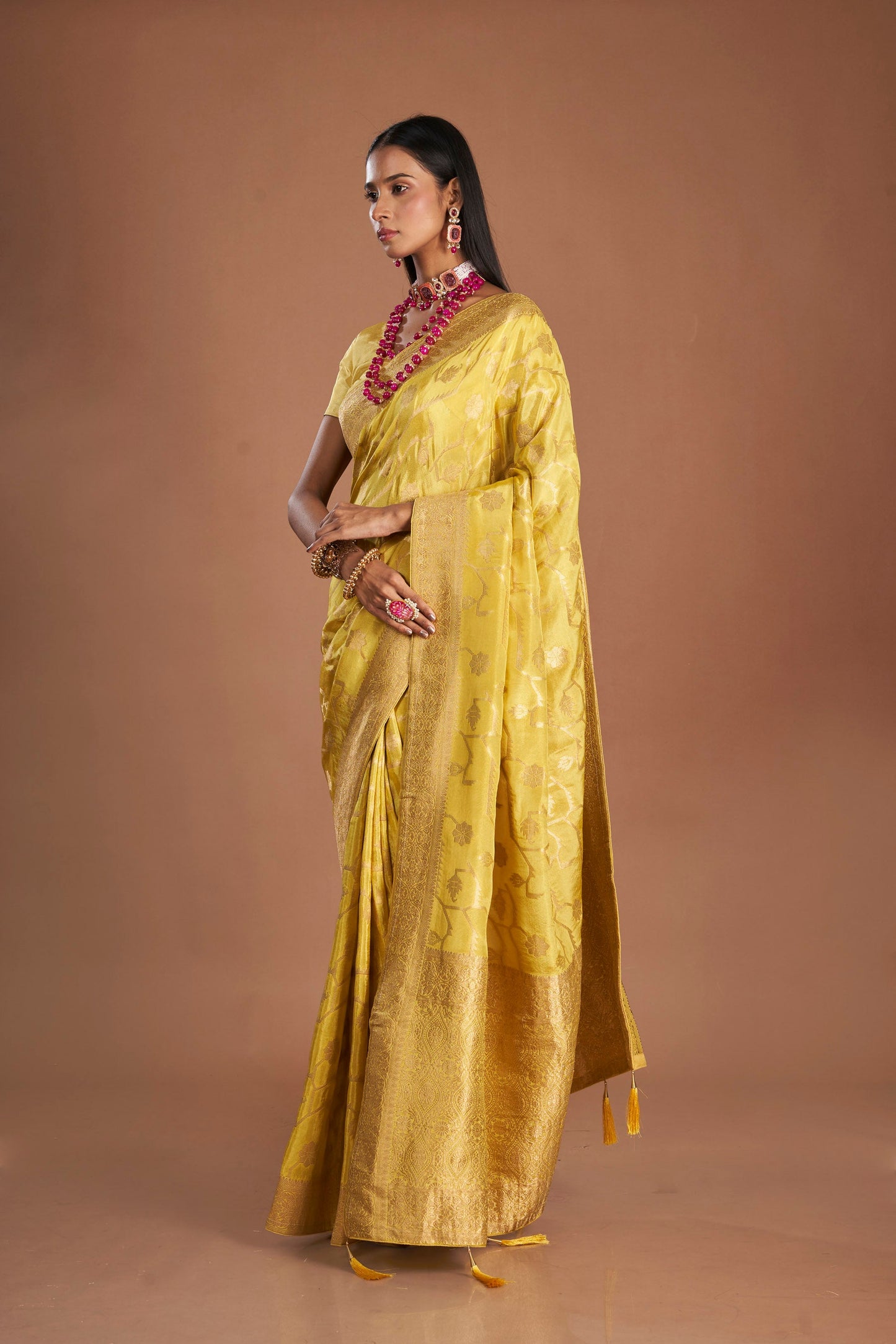 Women Yellow Viscose Tissue Zari Saree