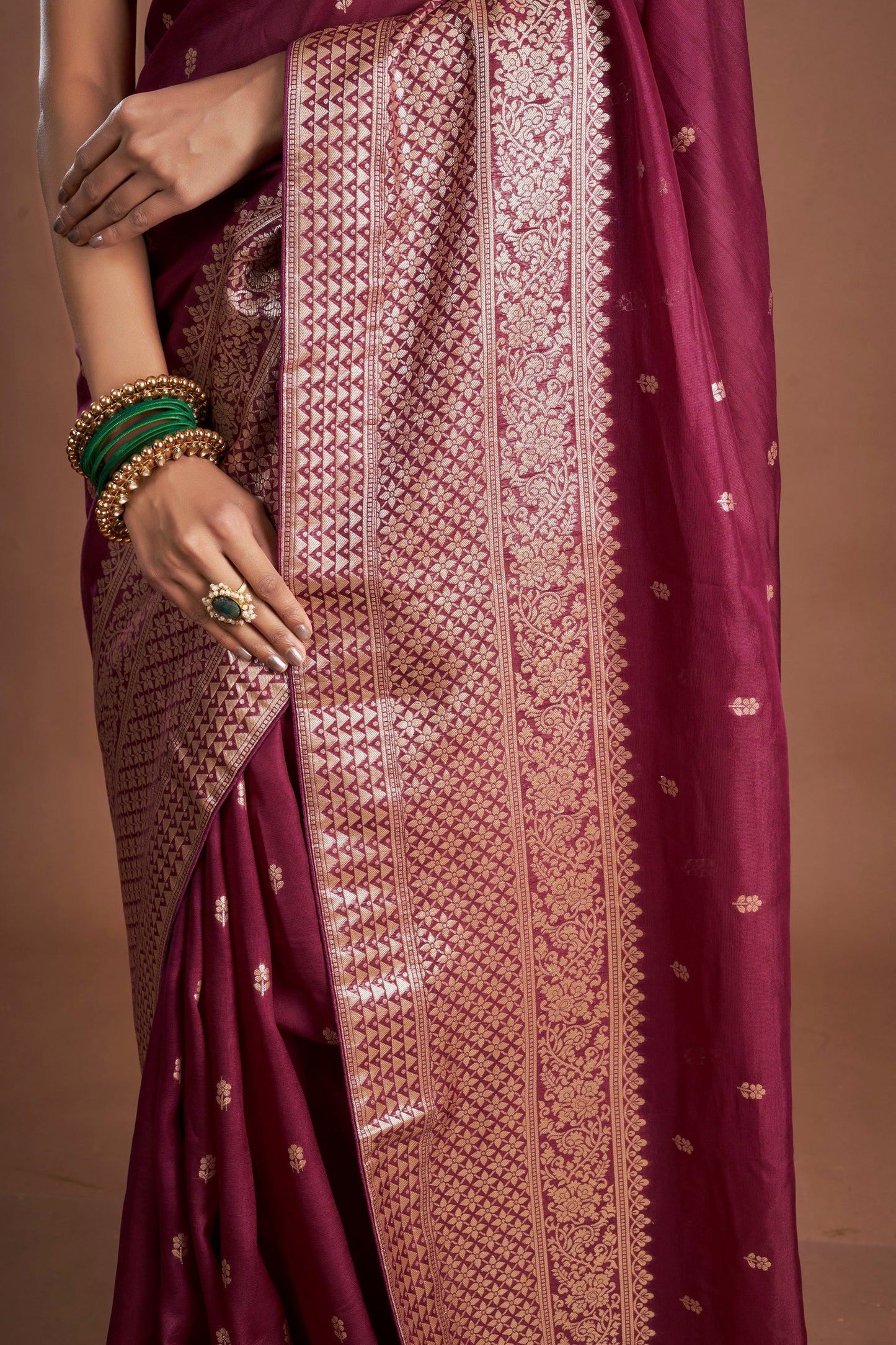 Women Wine Organza shimmer Zari weaving Saree