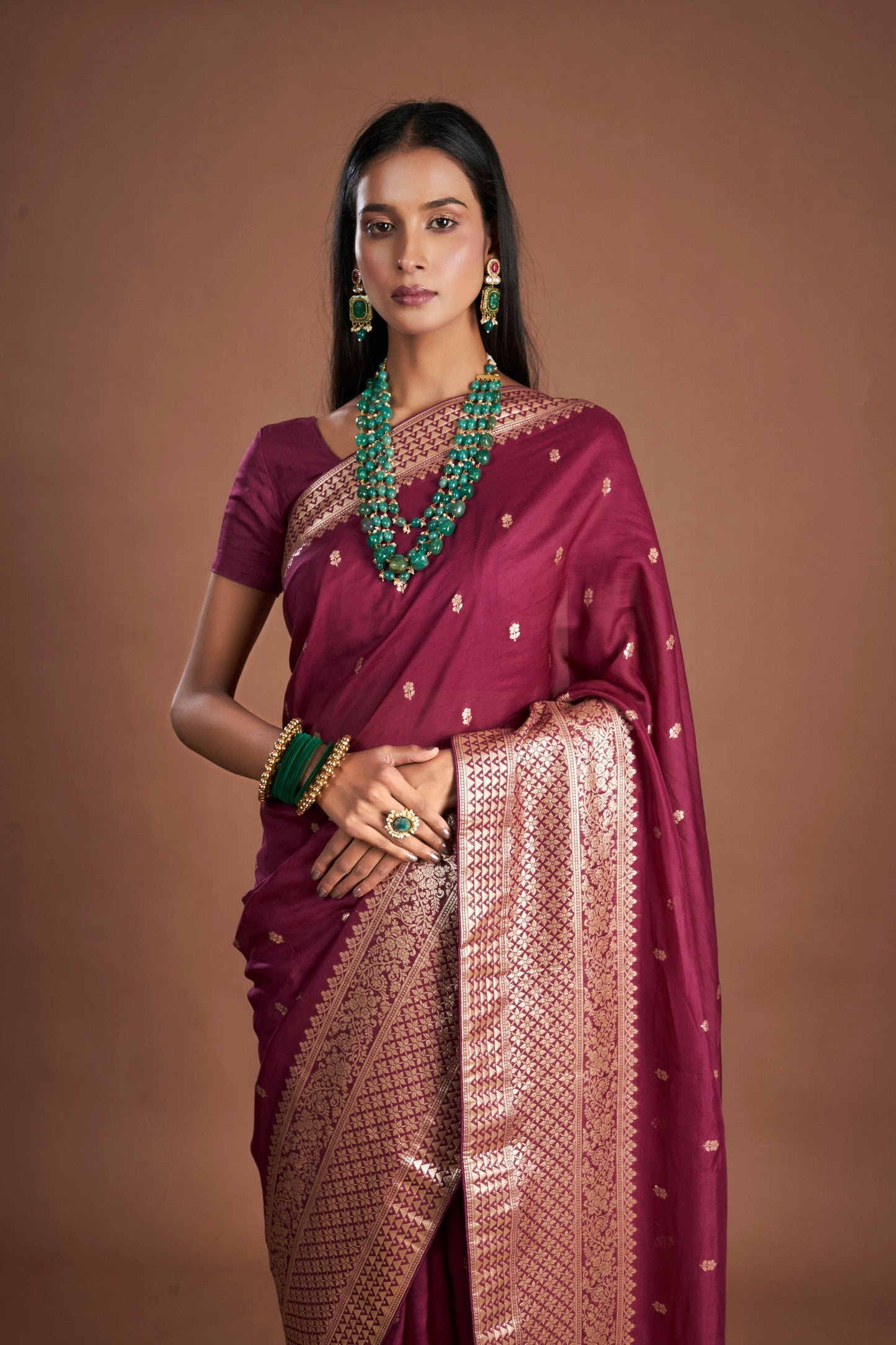 Women Wine Organza shimmer Zari weaving Saree