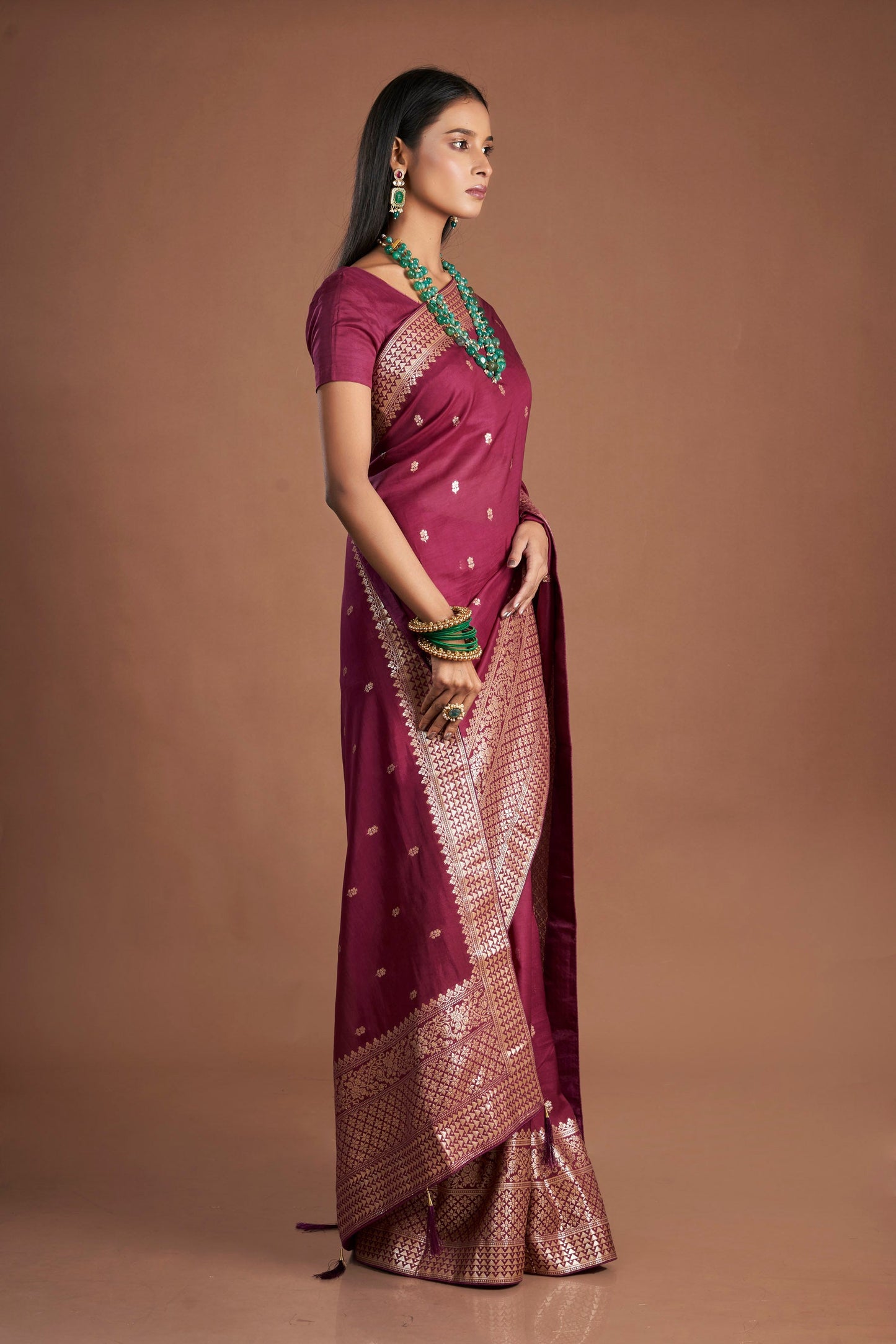 Women Wine Organza shimmer Zari weaving Saree