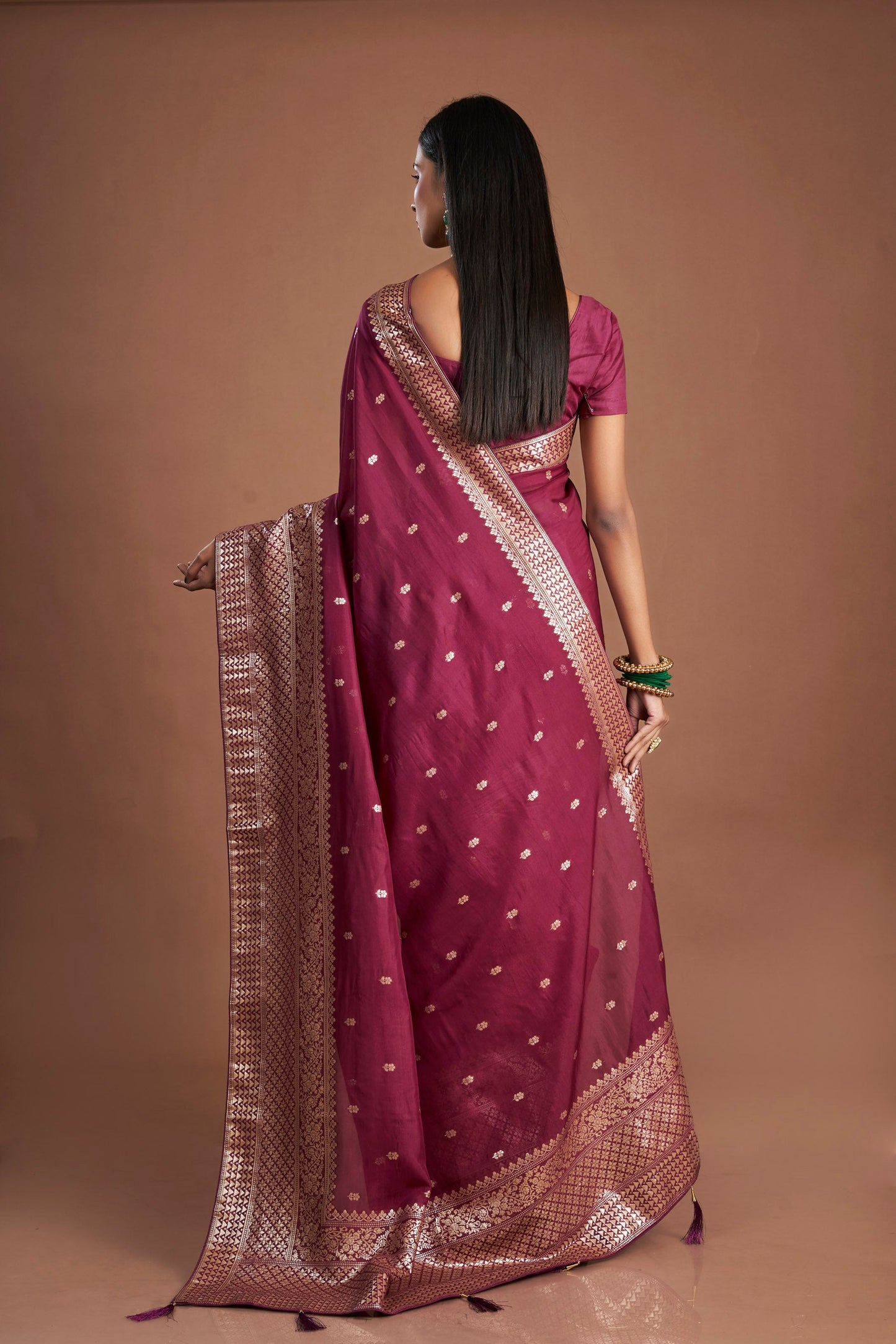 Women Wine Organza shimmer Zari weaving Saree