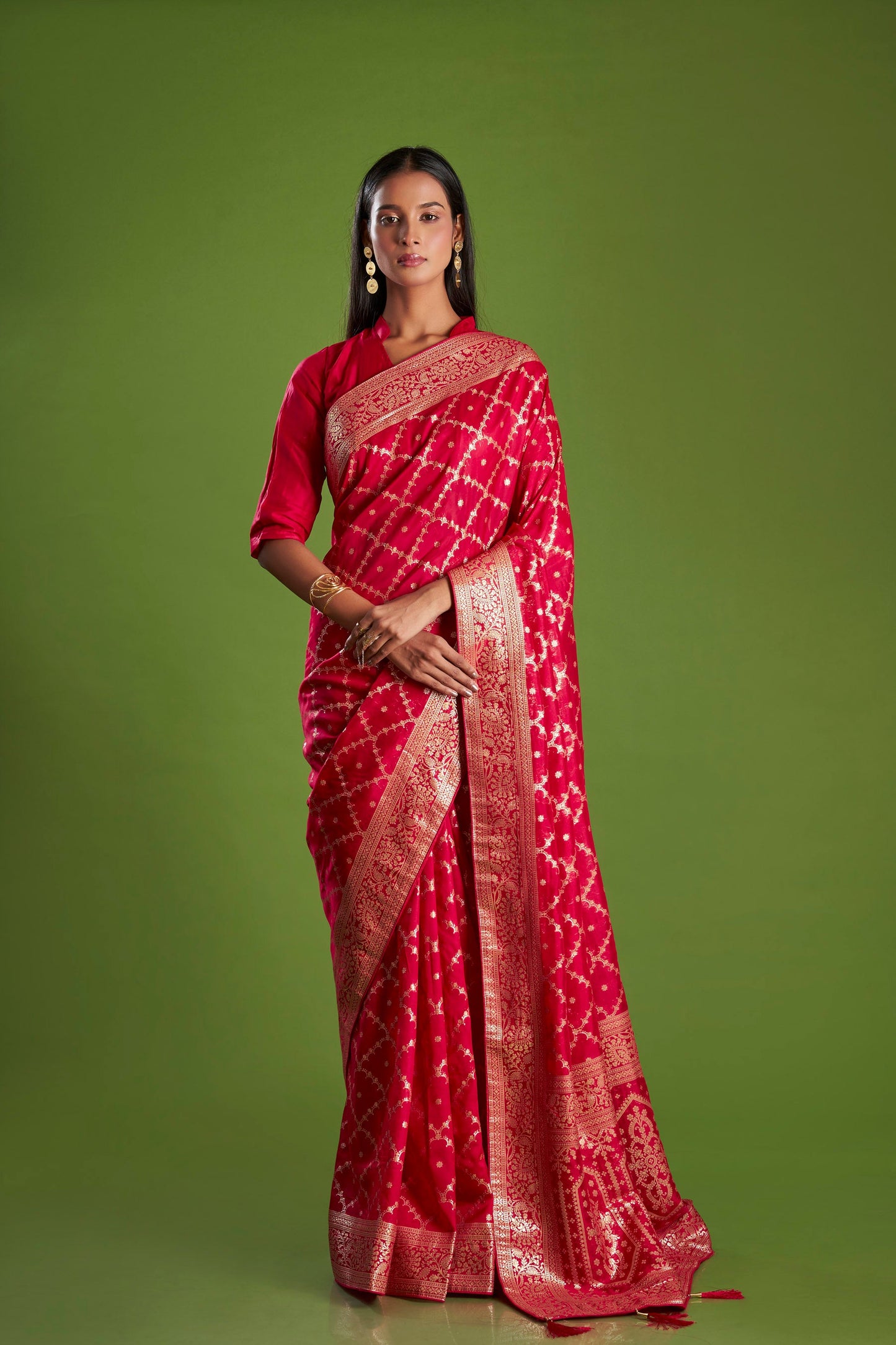 Women Red Organza Weaving zari Saree