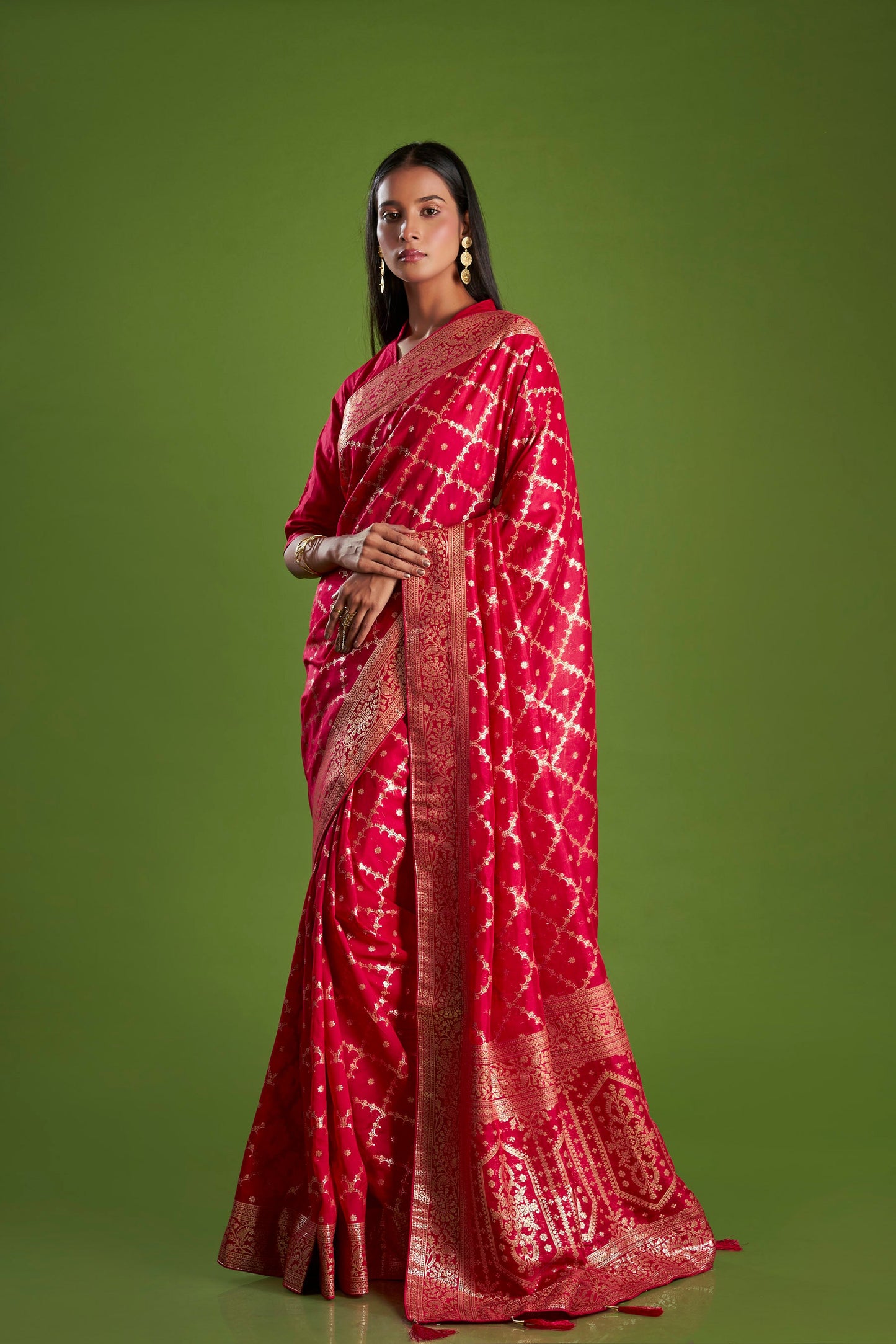 Women Red Organza Weaving zari Saree