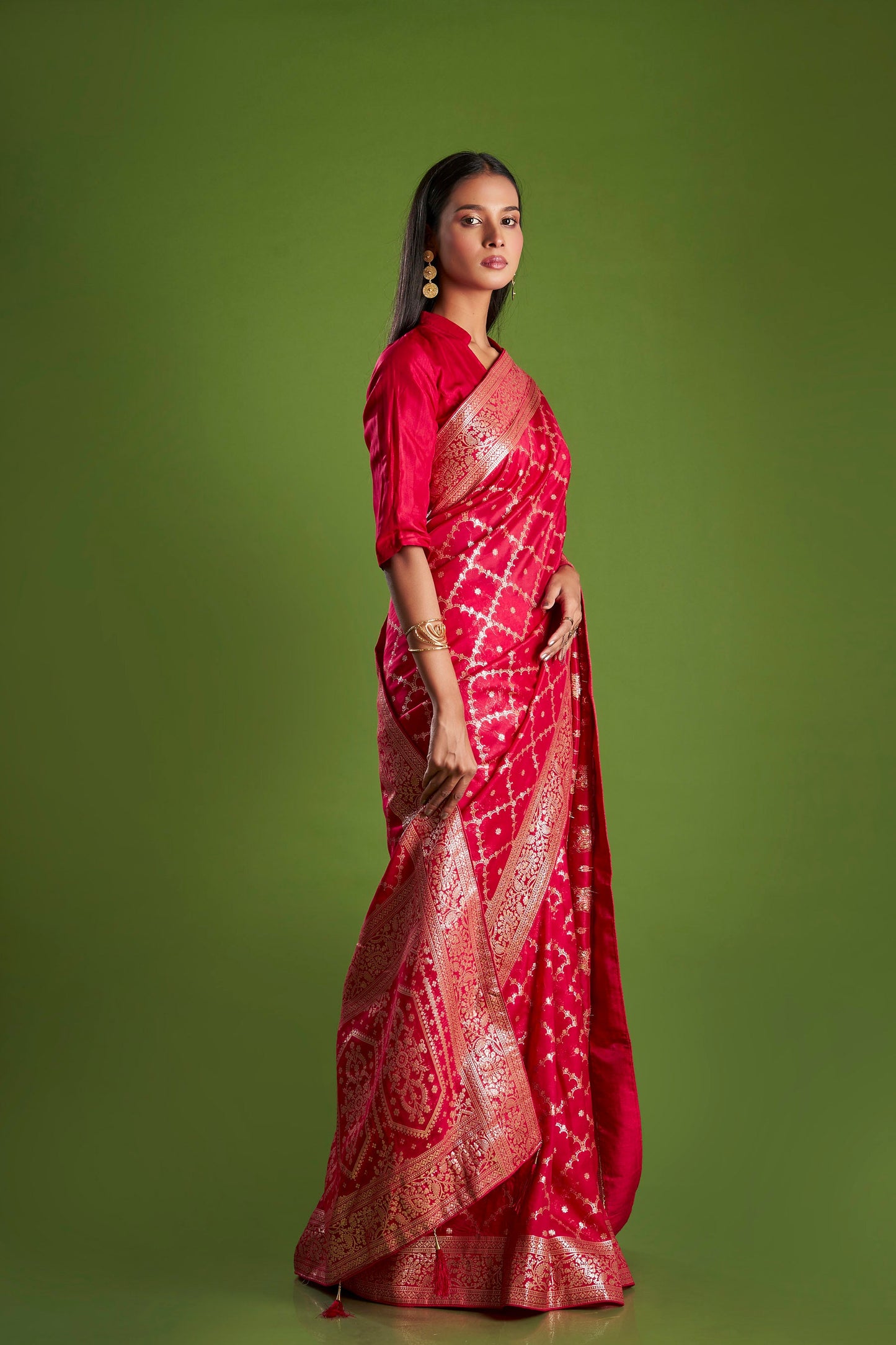 Women Red Organza Weaving zari Saree