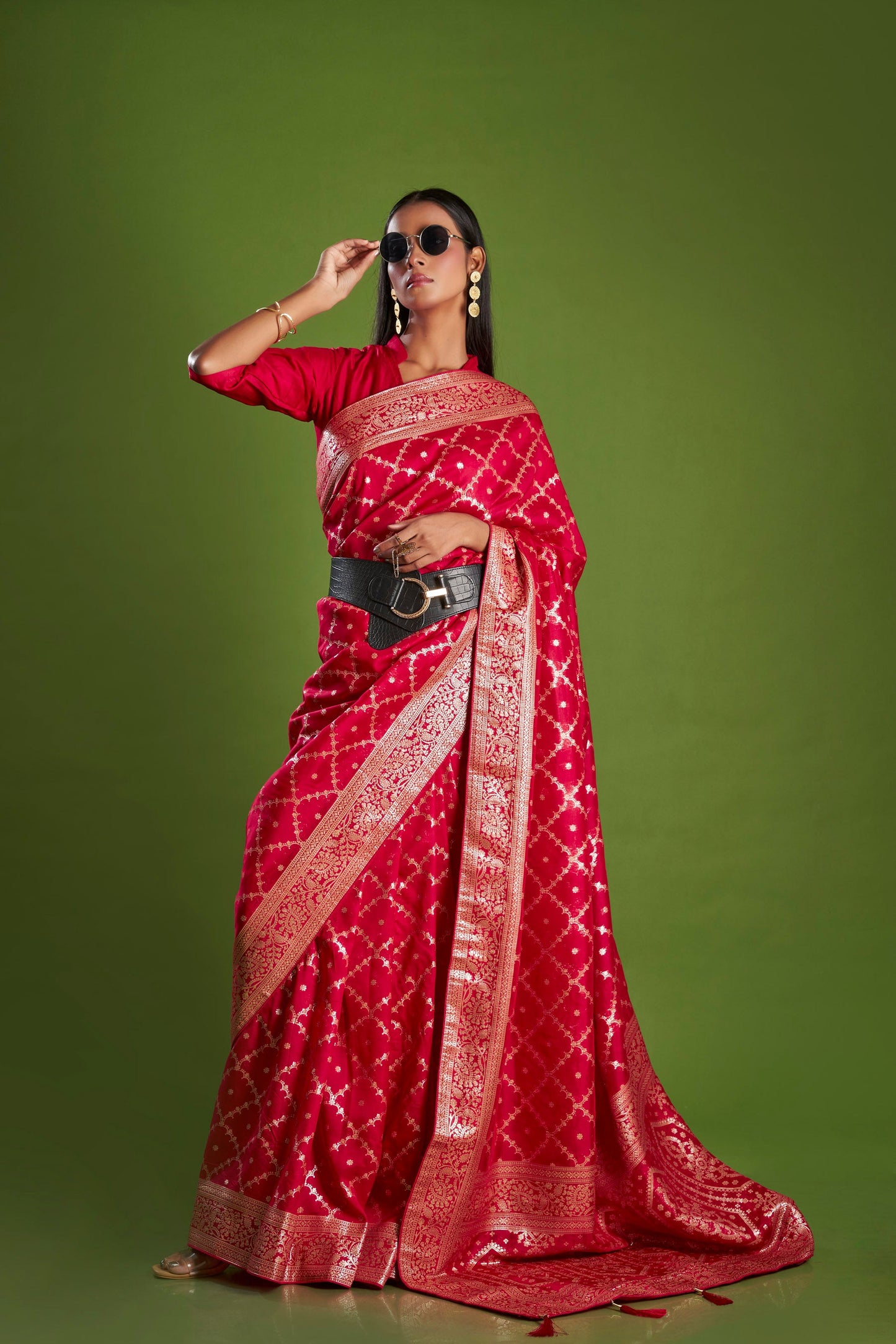 Women Red Organza Weaving zari Saree