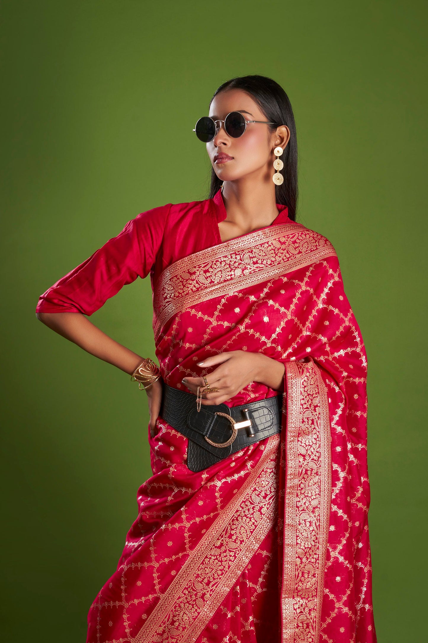 Women Red Organza Weaving zari Saree