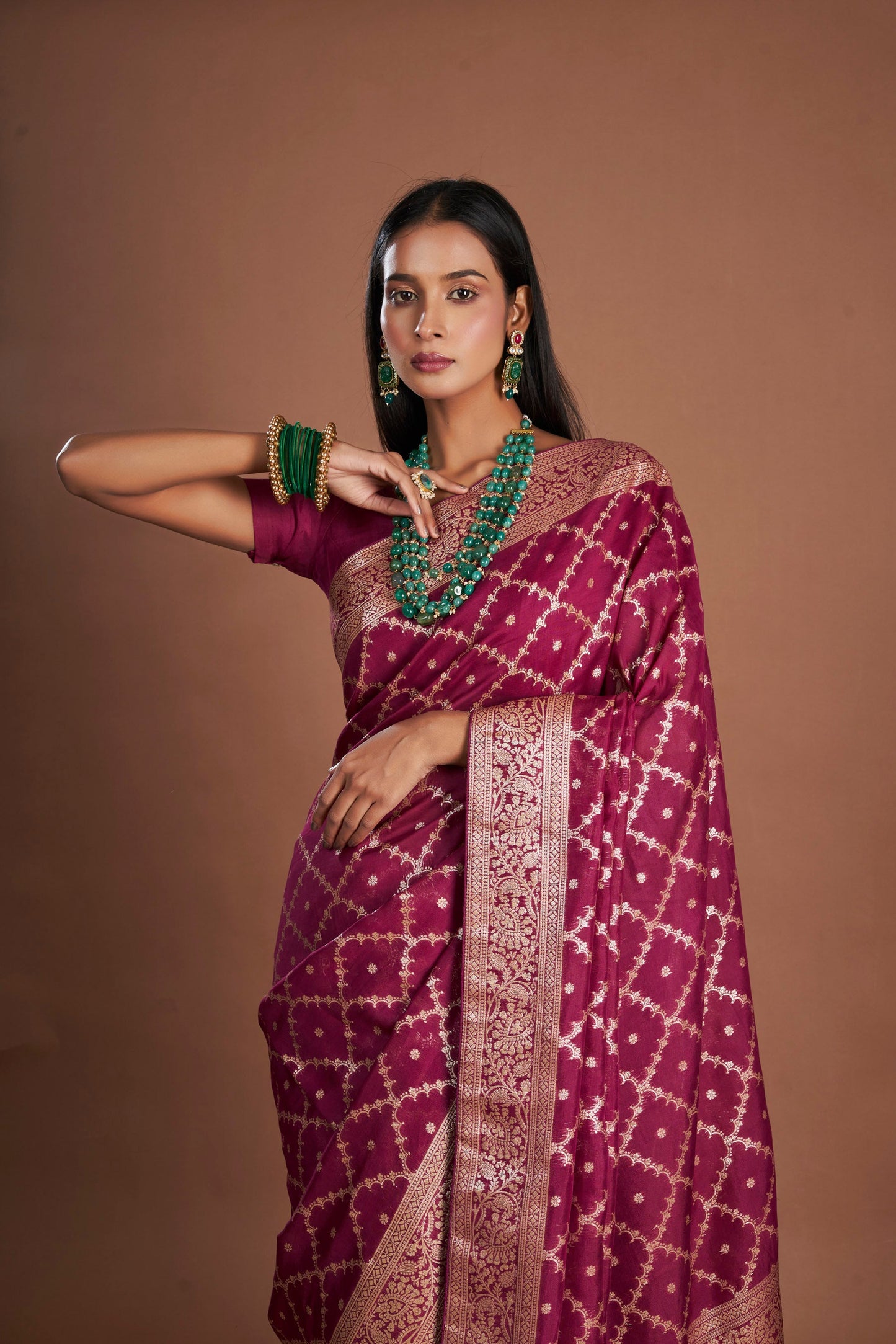 Women Wine Organza Weaving zari Saree