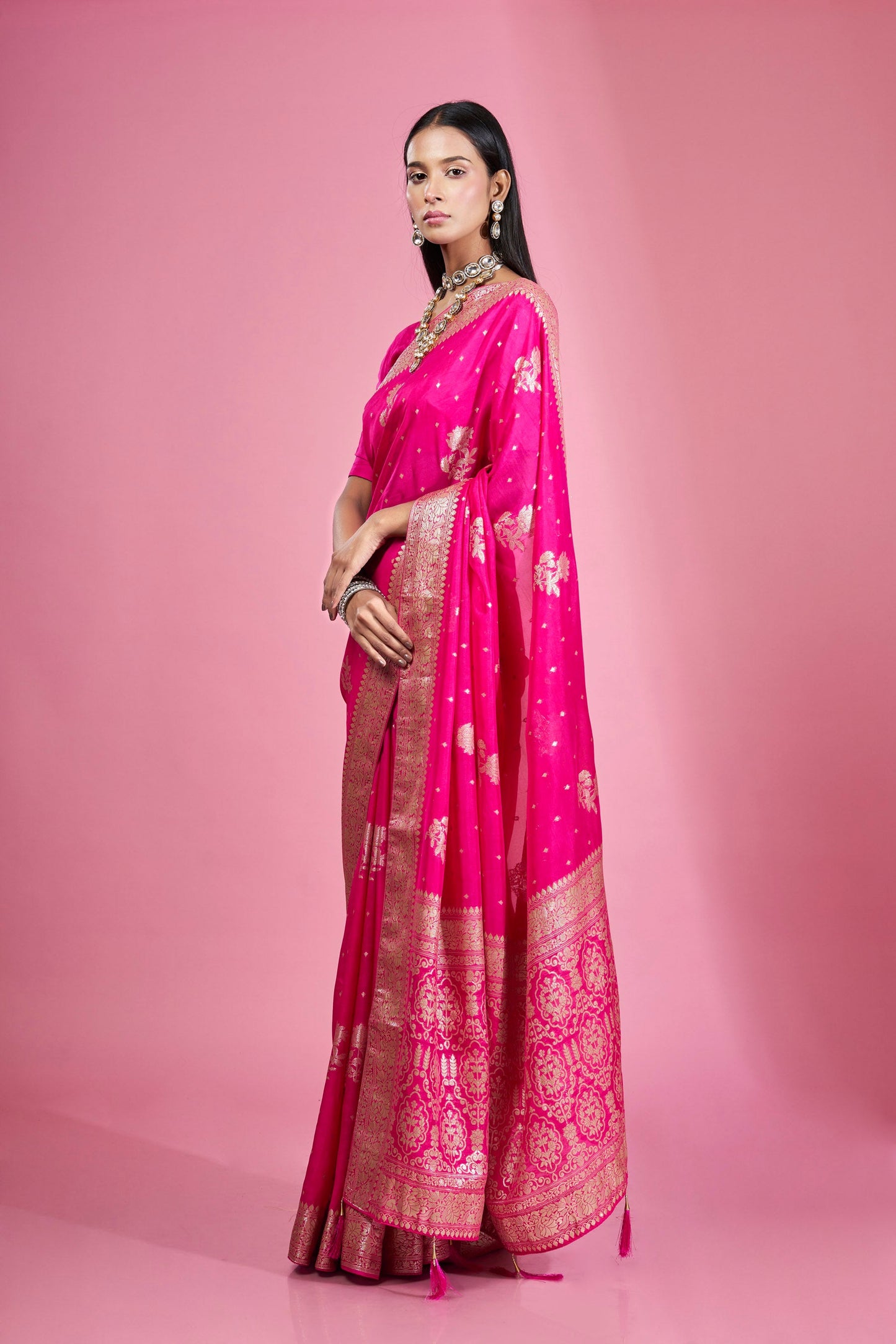 Rani Organza Khaddi Butti Saree with Zari Border