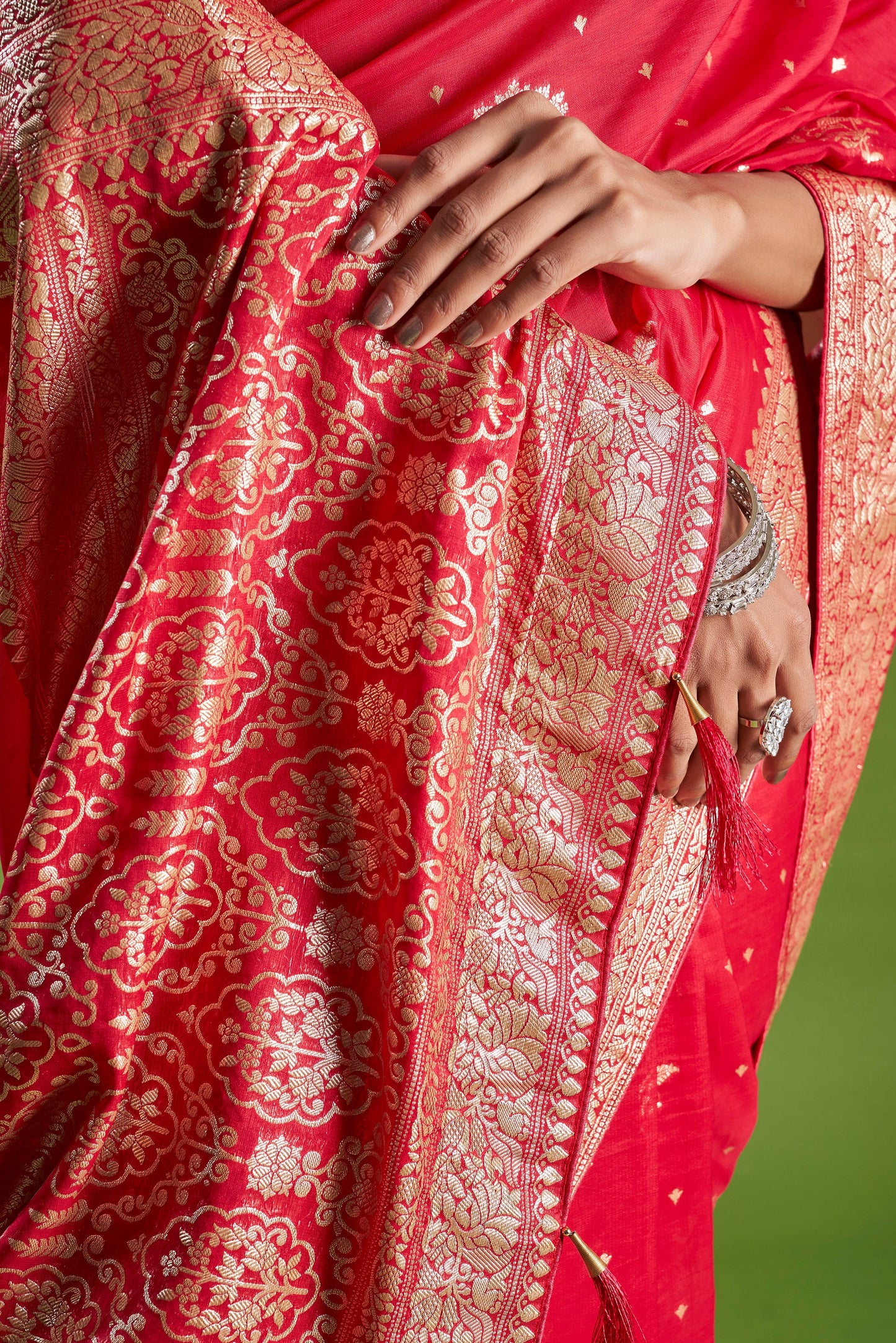 Women Red Organza Zari weaving Saree