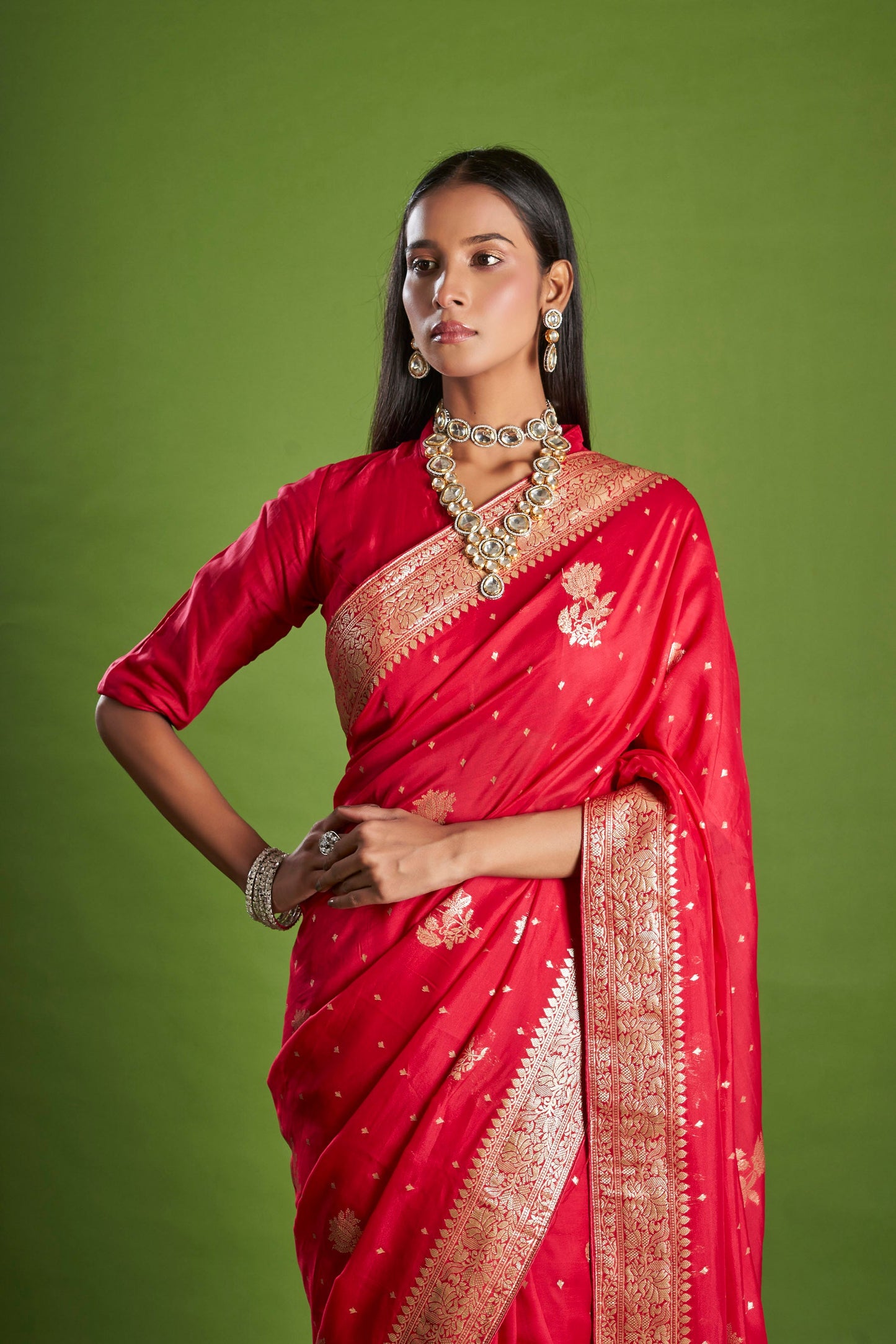 Women Red Organza Zari weaving Saree