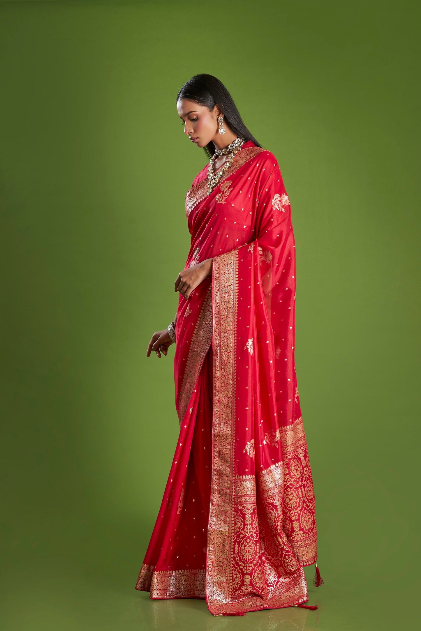 Women Red Organza Zari weaving Saree