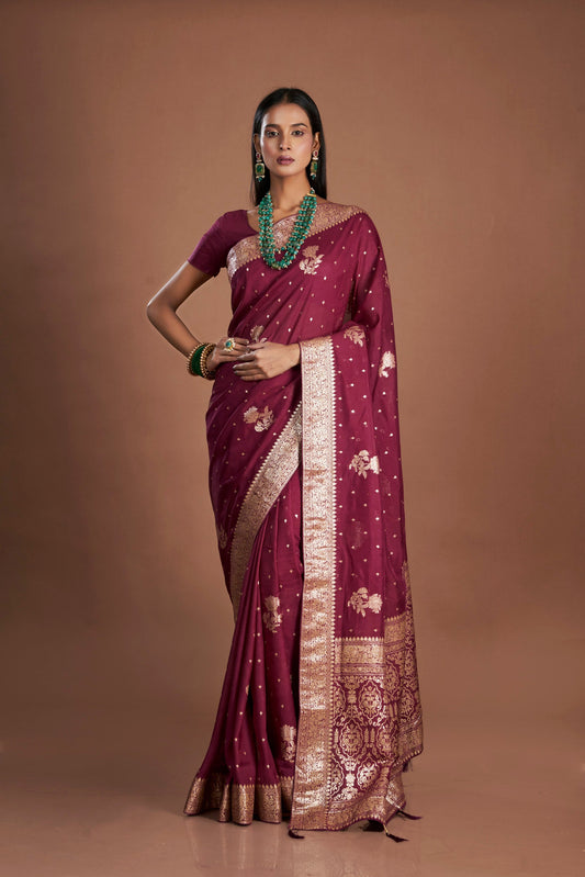 Wine Organza Khaddi Saree