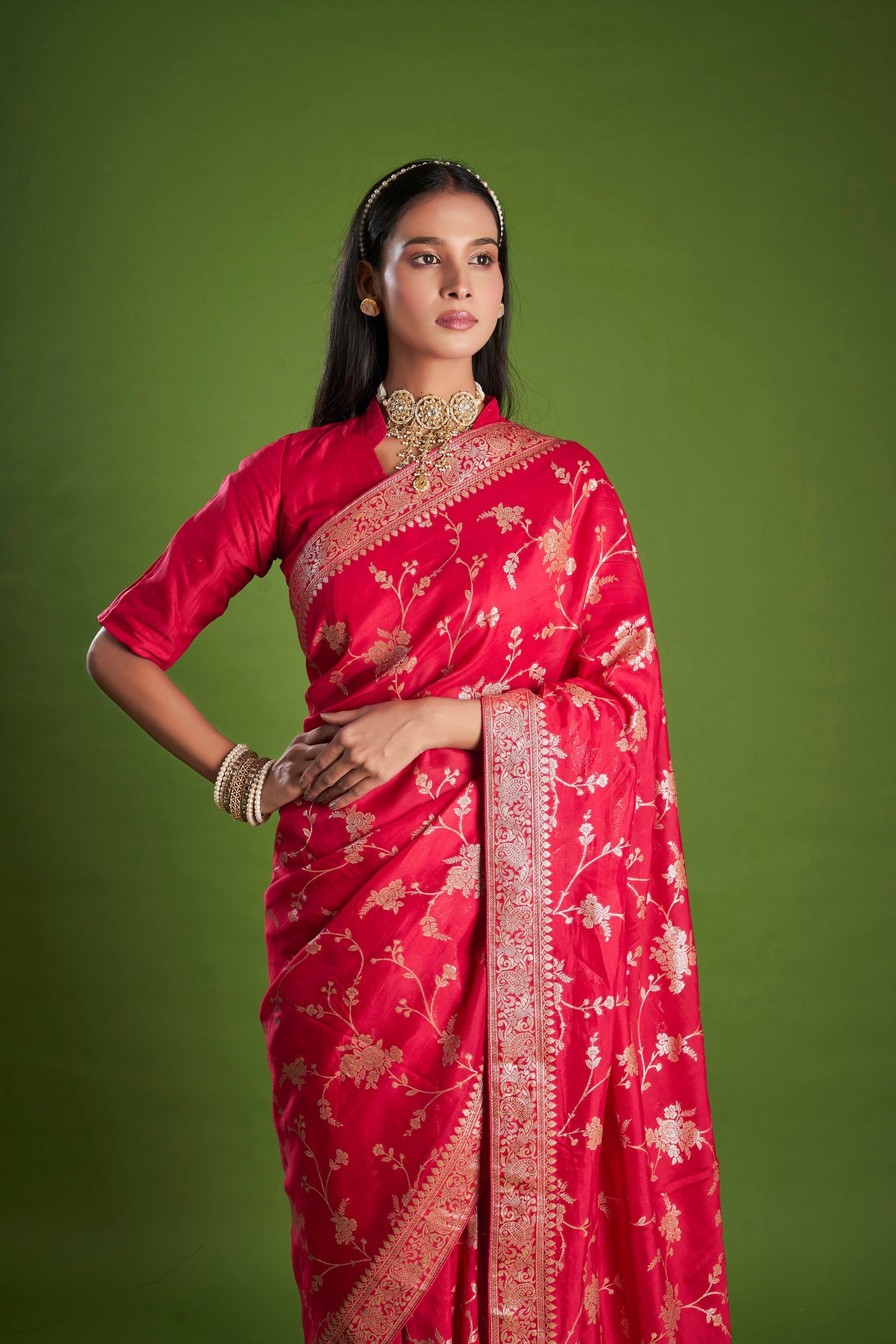 Women Red Organza Zari weaving Saree