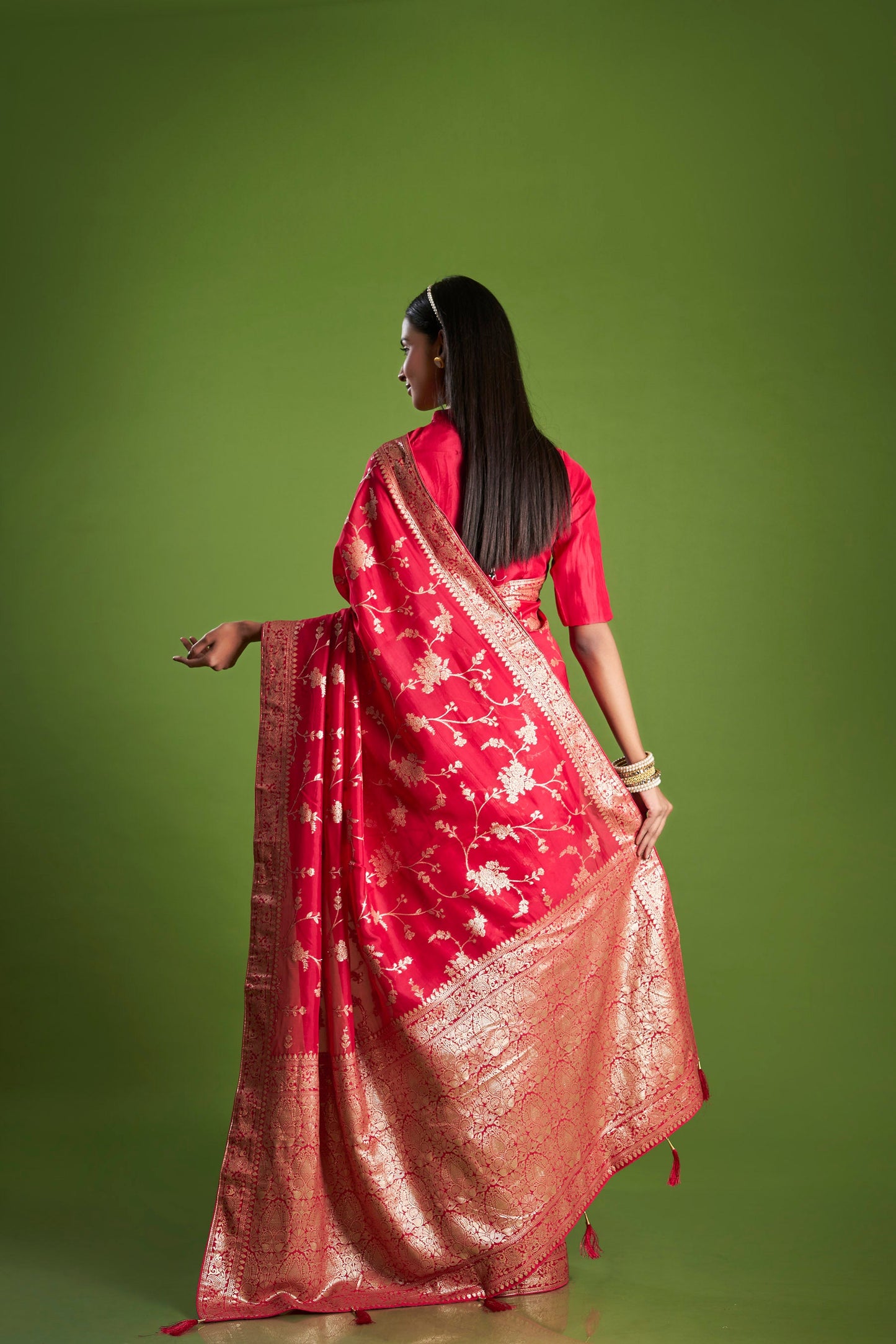 Women Red Organza Zari weaving Saree