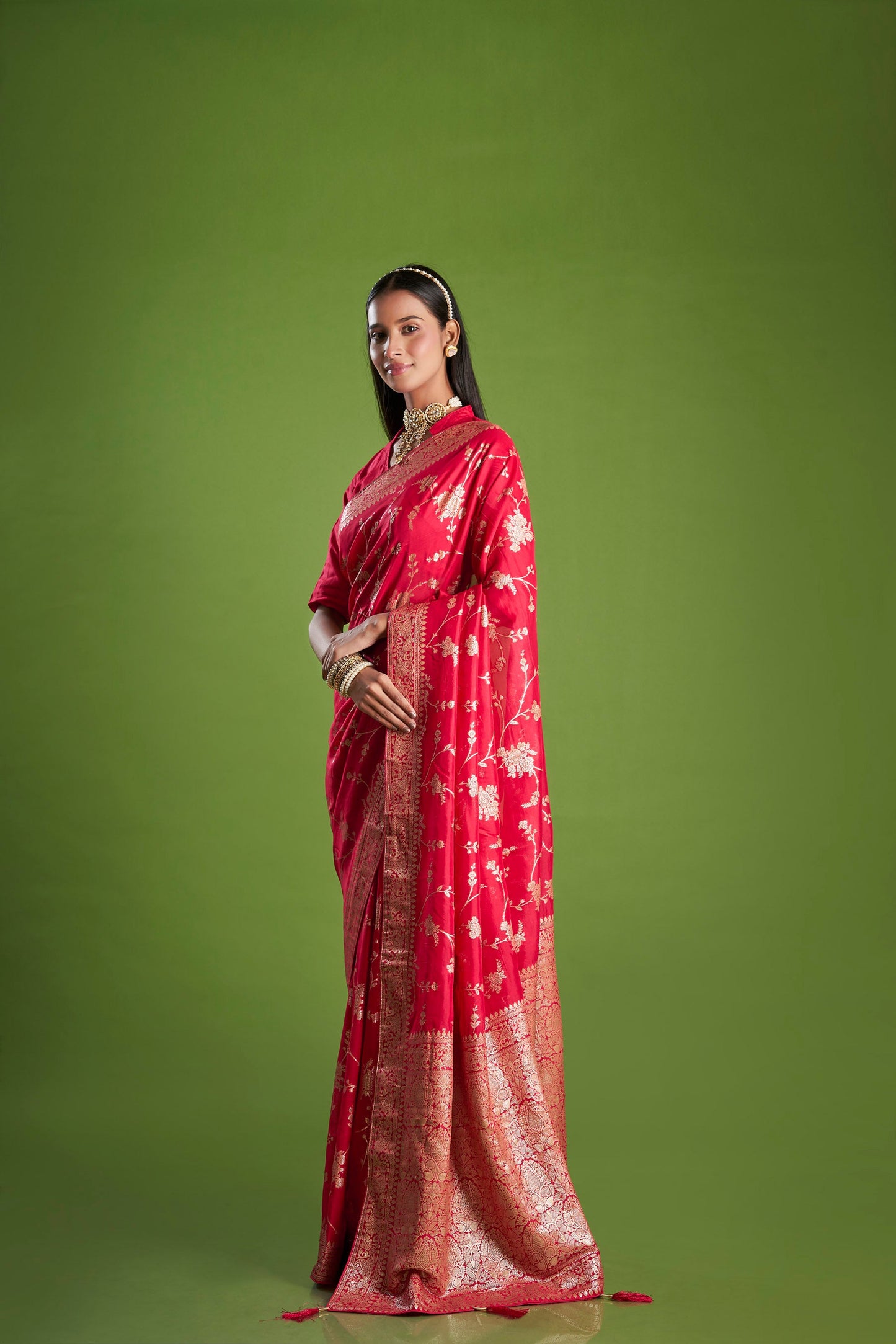 Women Red Organza Zari weaving Saree