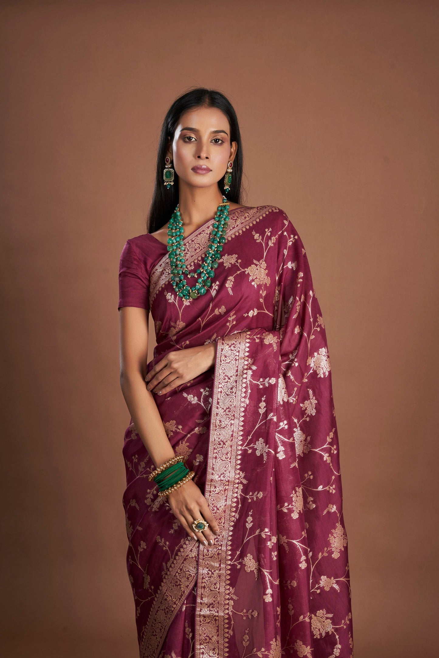 Women Wine Organza Zari weaving Saree