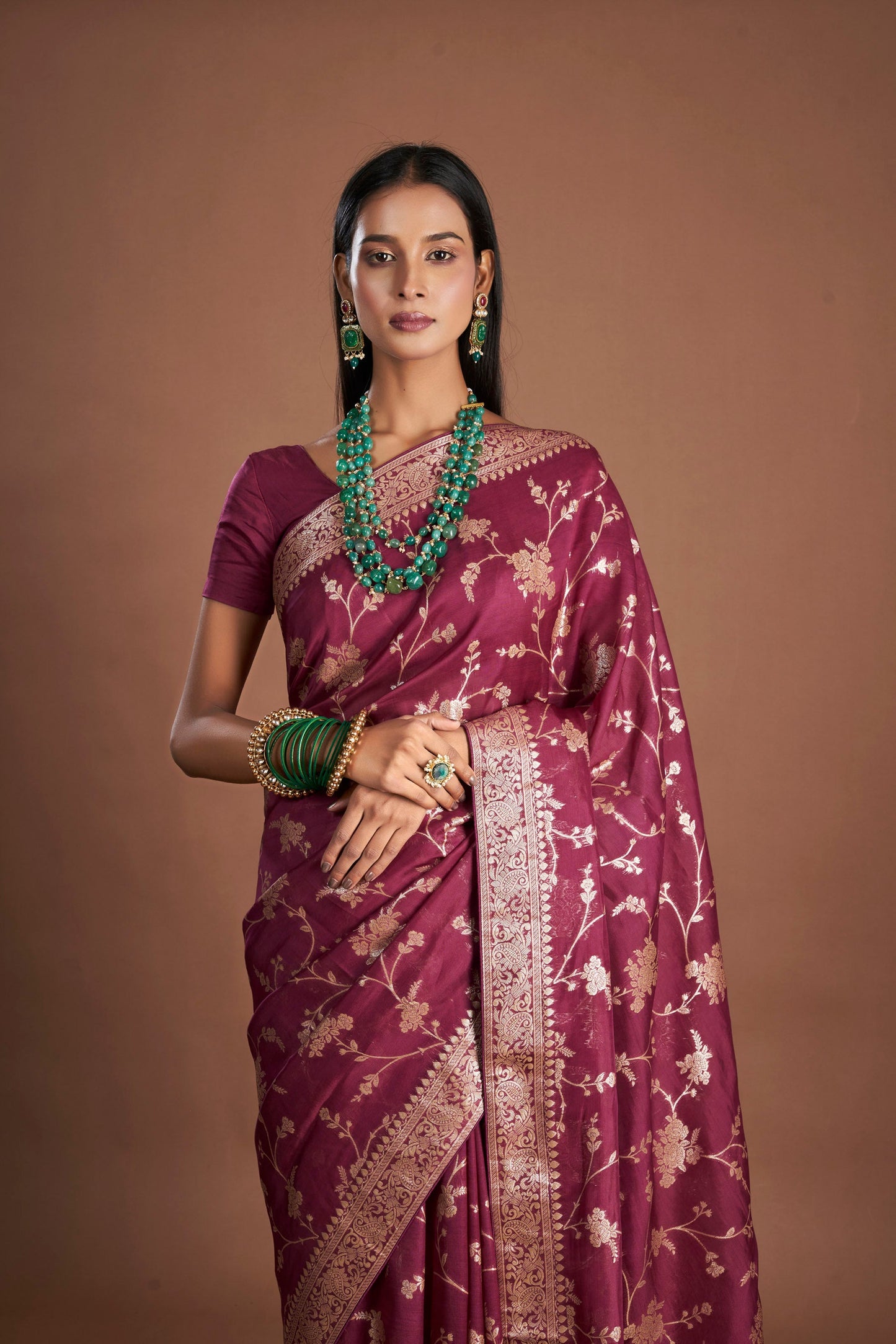 Women Wine Organza Zari weaving Saree