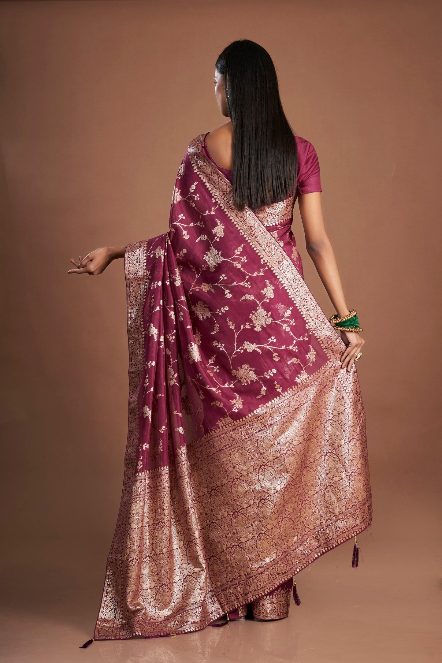 Women Wine Organza Zari weaving Saree