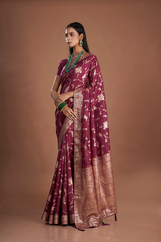 Women Wine Organza Zari weaving Saree