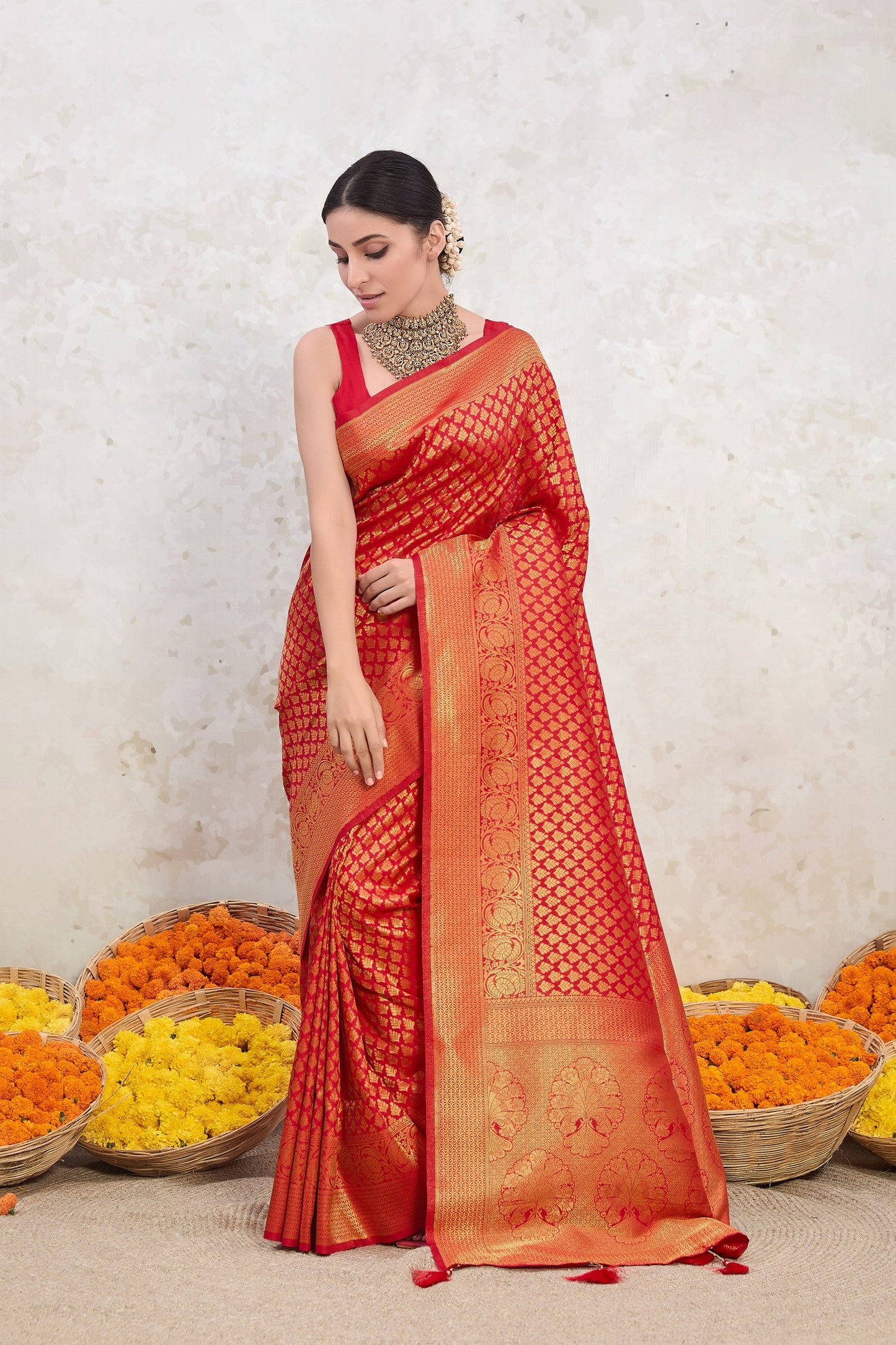 Fire Opulence Red Kanjivaram Butti Saree