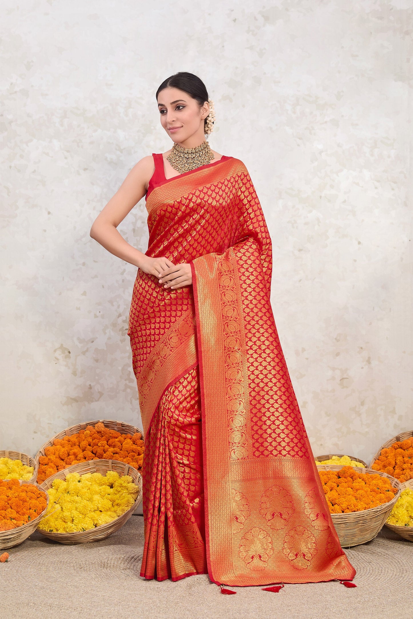 Fire Opulence Red Kanjivaram Butti Saree