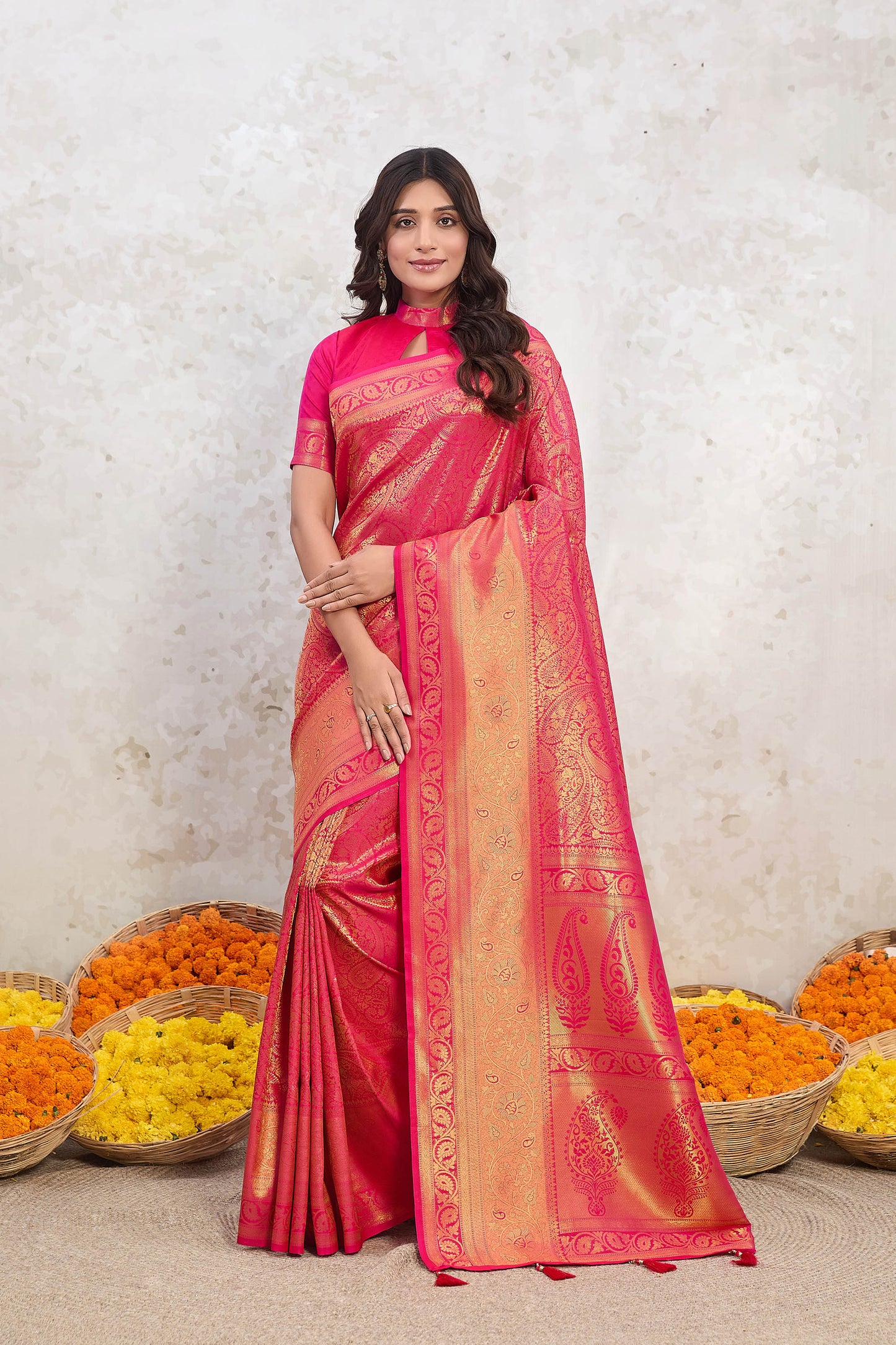 Pink Zari Banarasi Silk Saree Kairi jaal with tassels