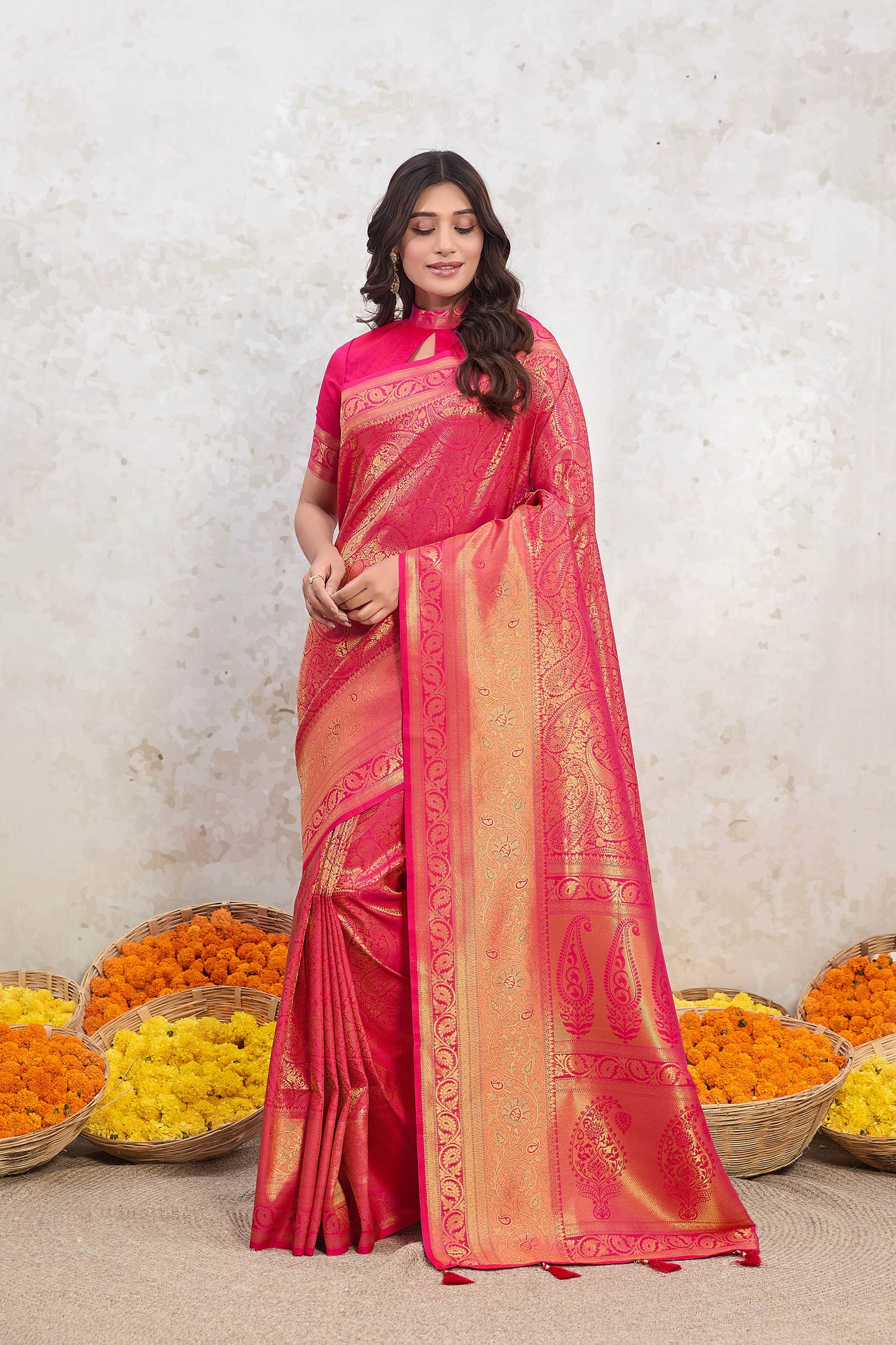 Pink Zari Banarasi Silk Saree Kairi jaal with tassels