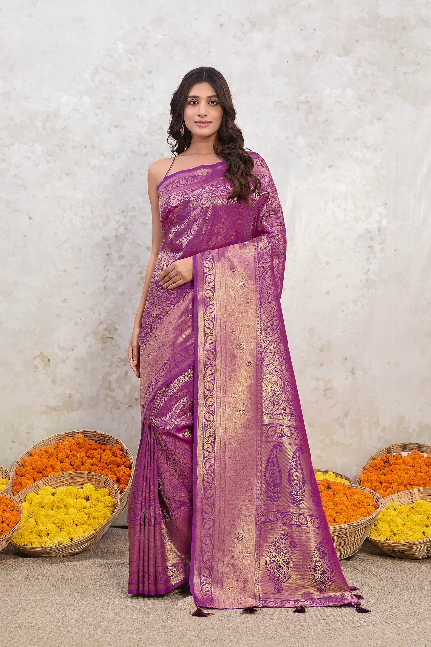 Purple Zari Banarasi Silk Saree Kairi jaal with tassels