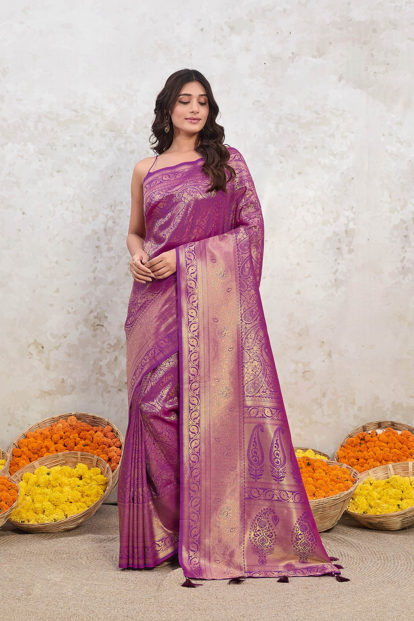 Purple Zari Banarasi Silk Saree Kairi jaal with tassels