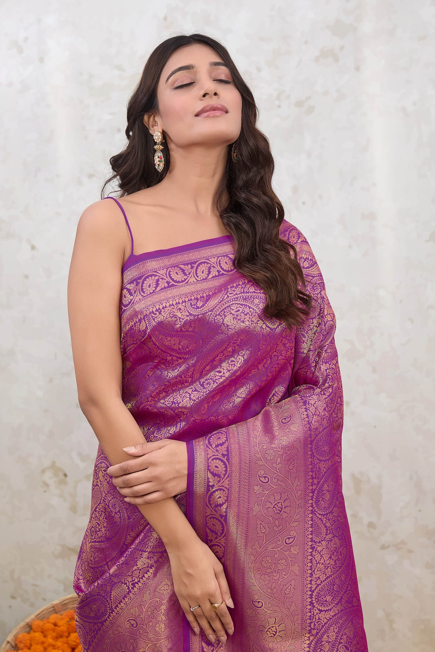 Purple Zari Banarasi Silk Saree Kairi jaal with tassels