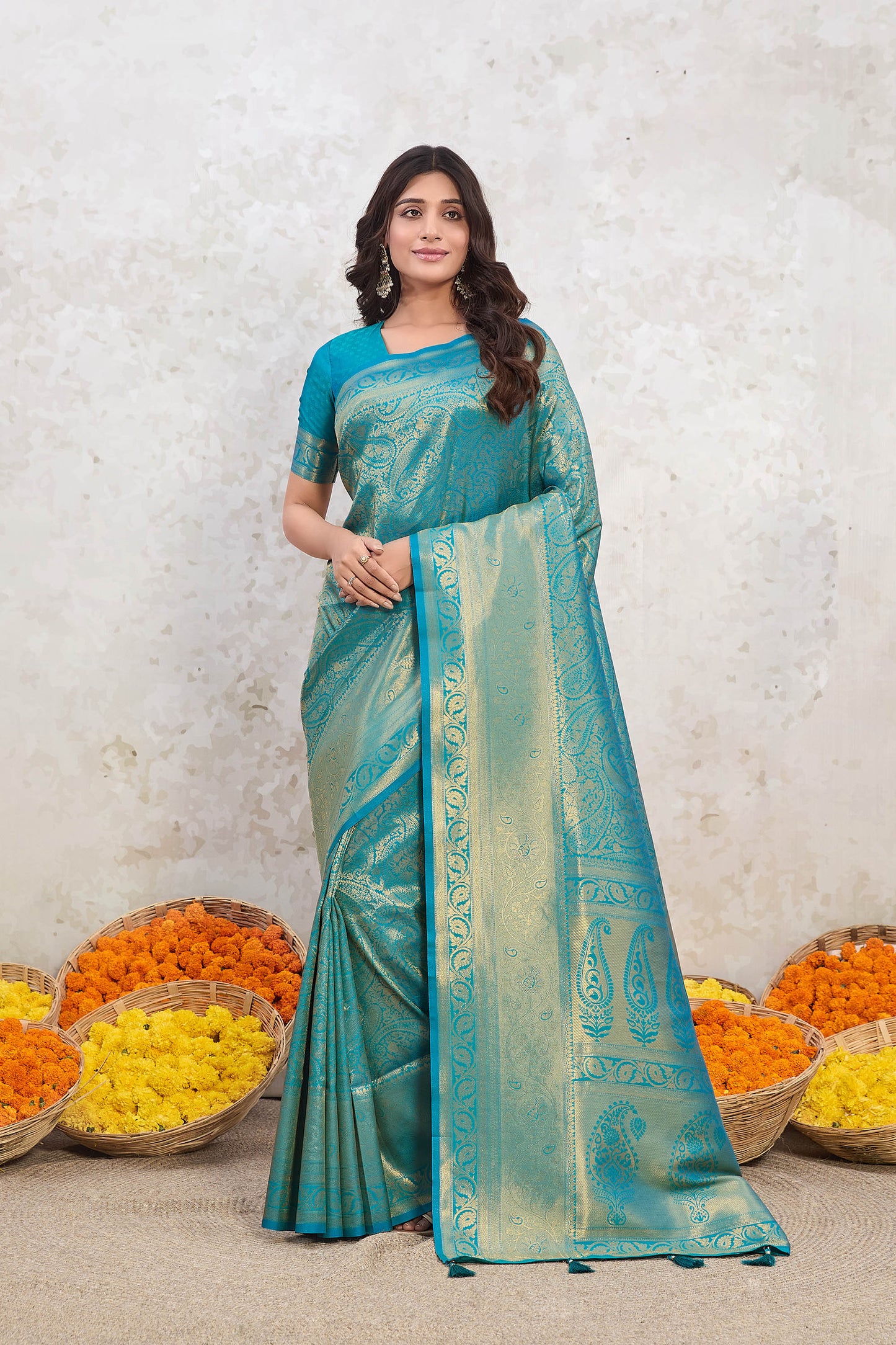 Rama Green Zari Banarasi Silk Saree Kairi jaal with tassels