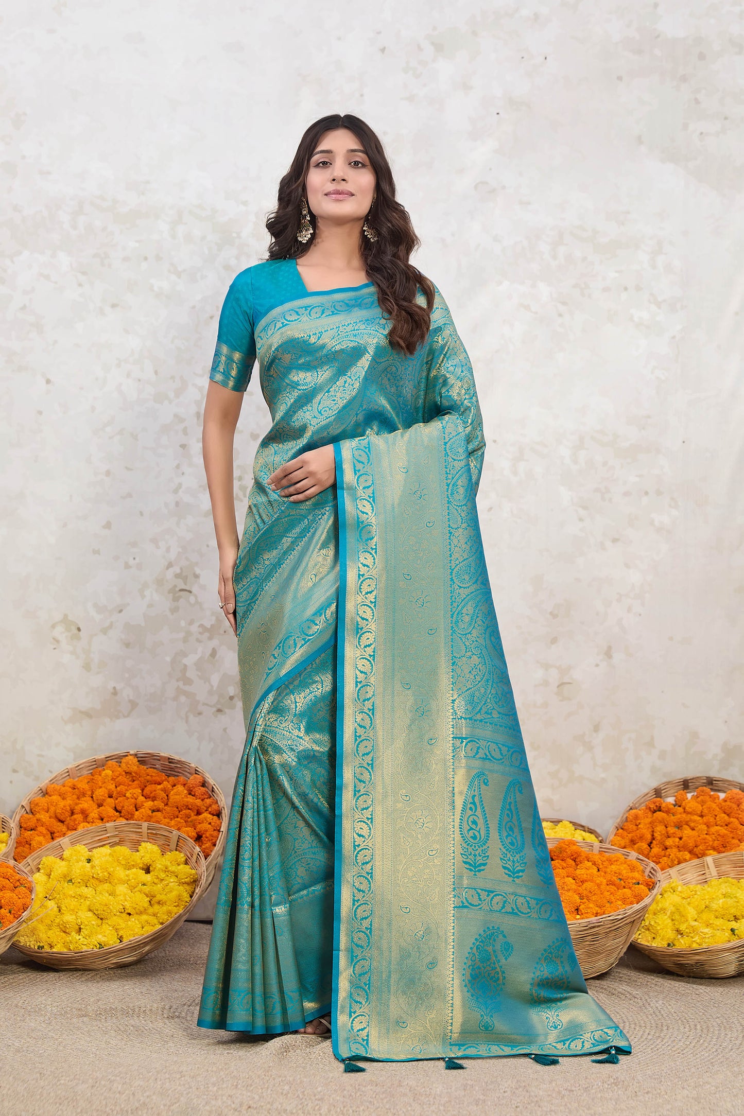 Rama Green Zari Banarasi Silk Saree Kairi jaal with tassels