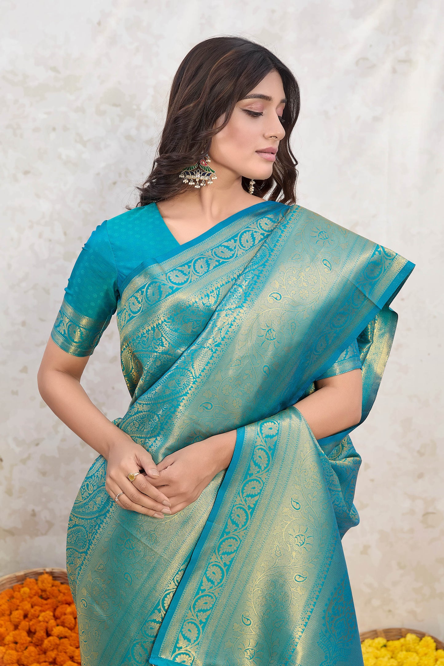 Rama Green Zari Banarasi Silk Saree Kairi jaal with tassels