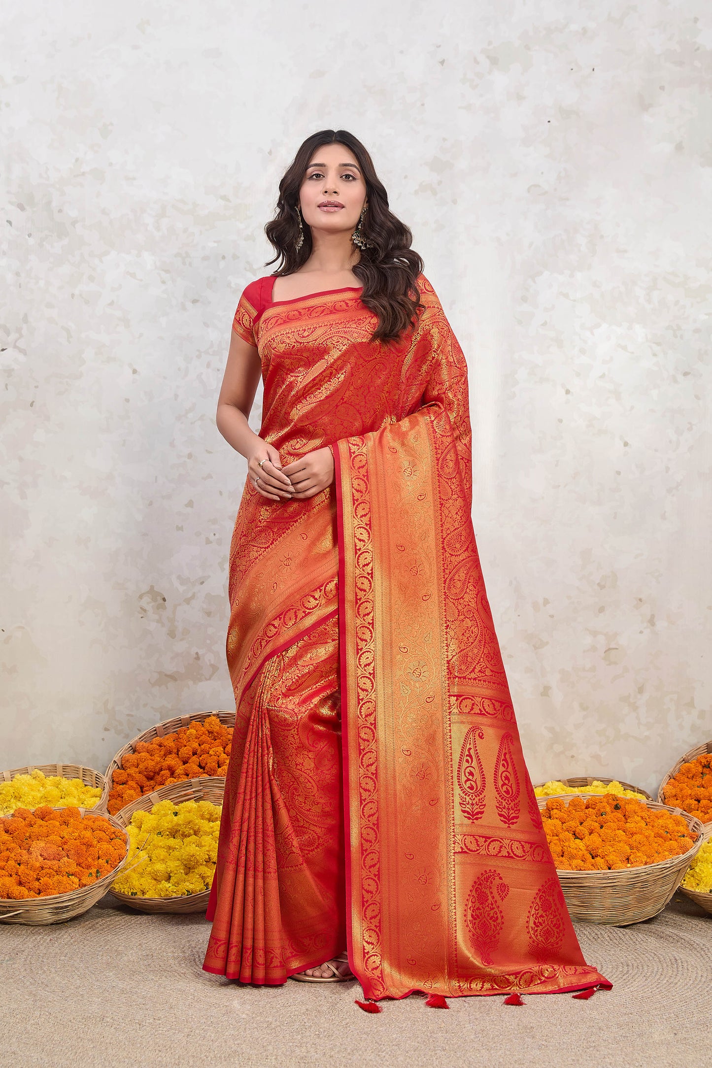 Red Zari Banarasi Silk Saree Kairi jaal with tassels