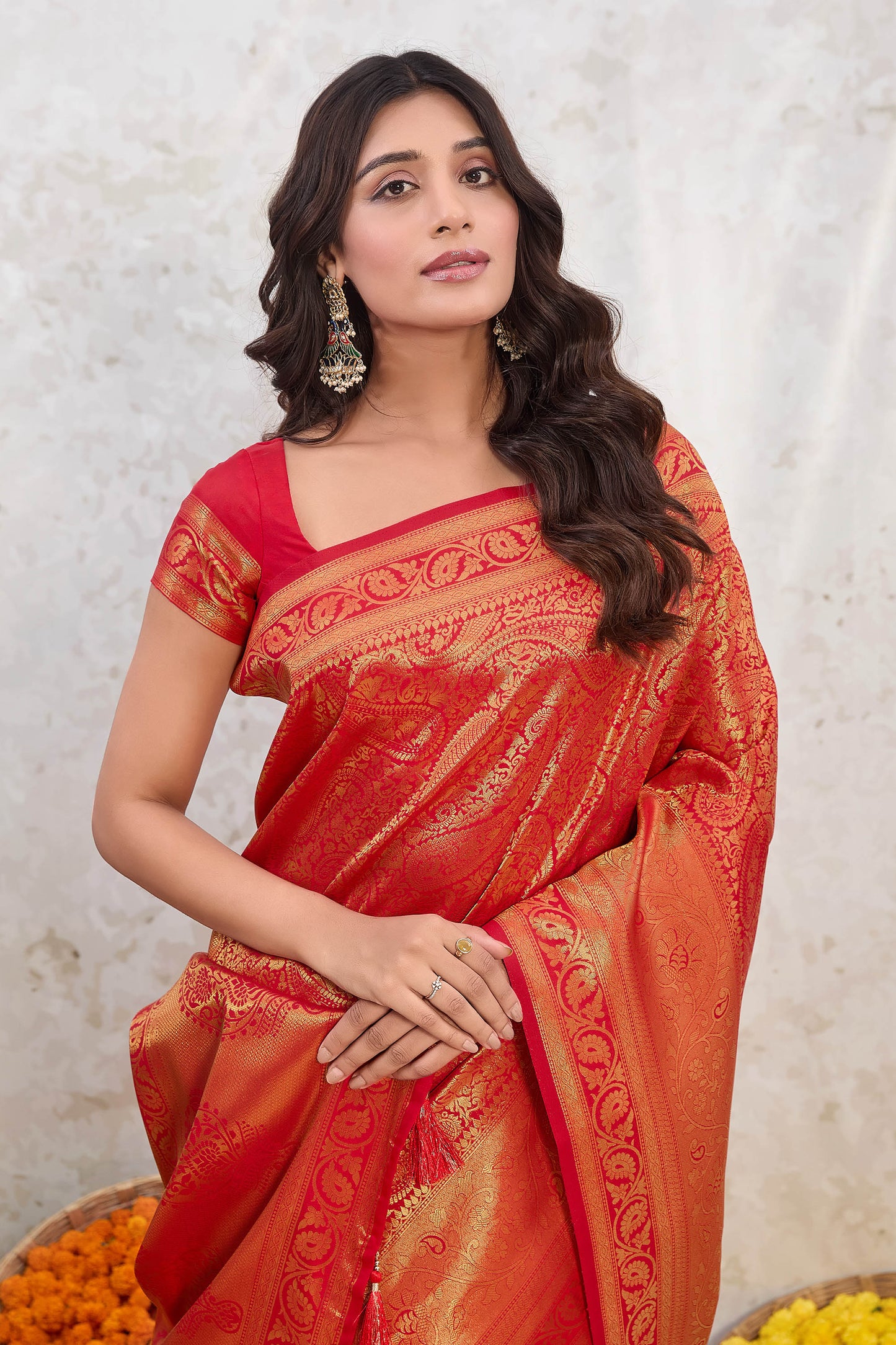 Red Zari Banarasi Silk Saree Kairi jaal with tassels