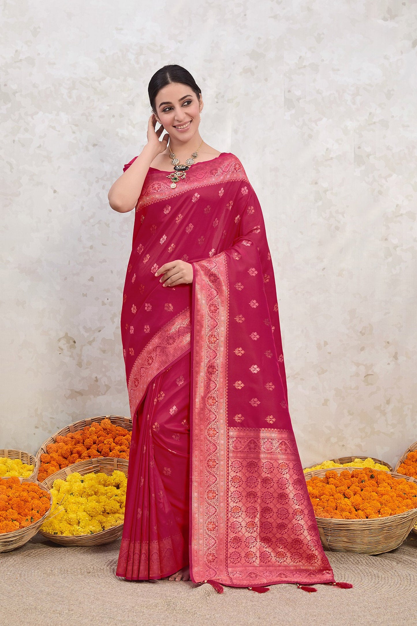 Pink Banarasi Viscose Silk Saree