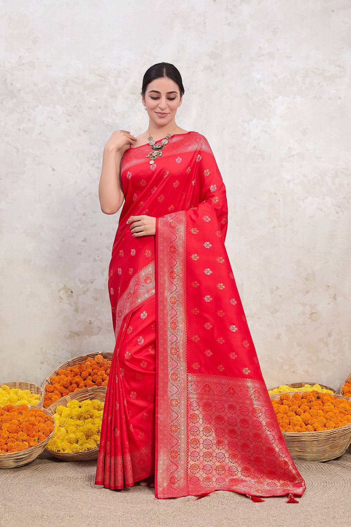 Red Zari Woven Viscose Silk Saree