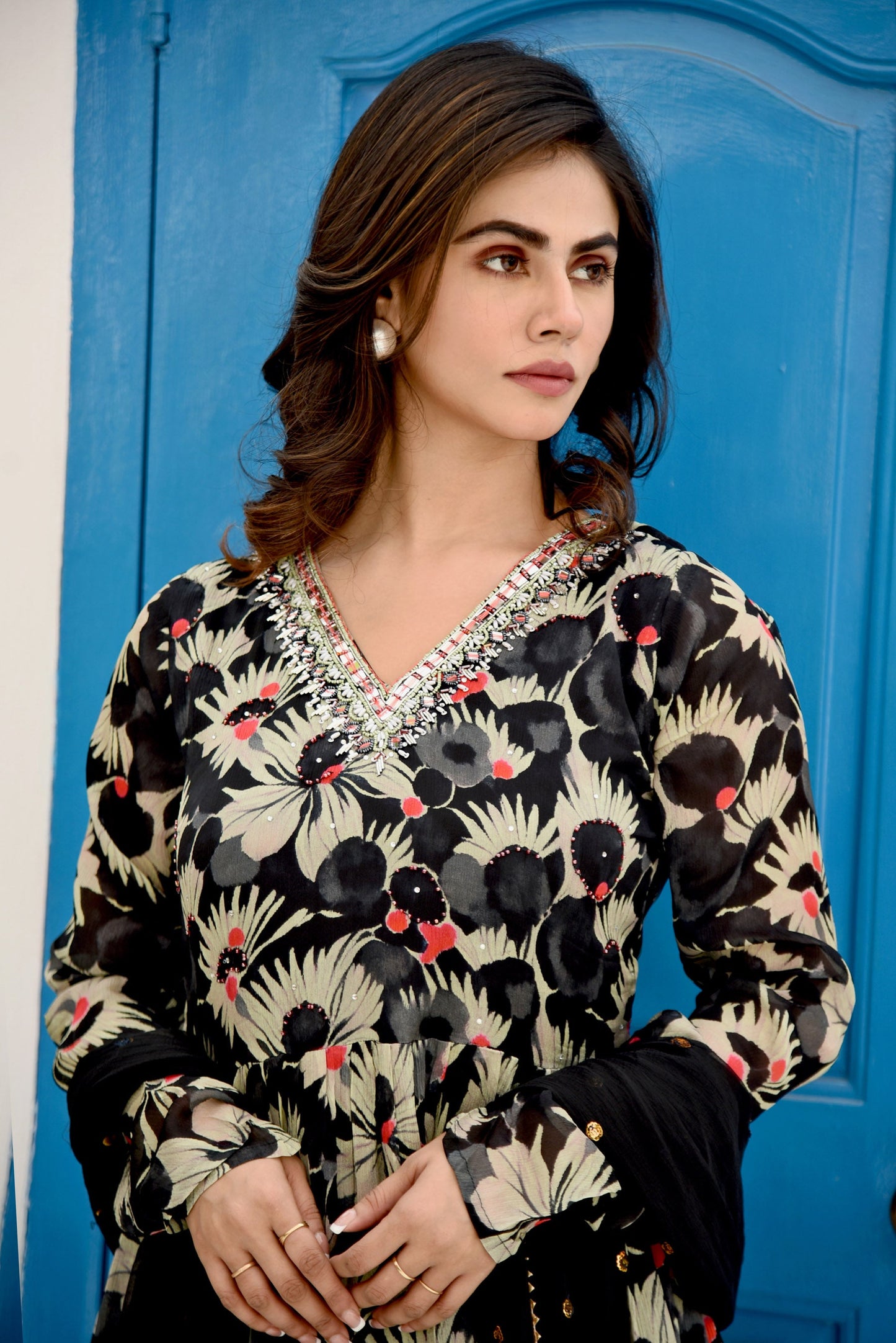 Midnight Elegance Printed Sharara set with Embroidery