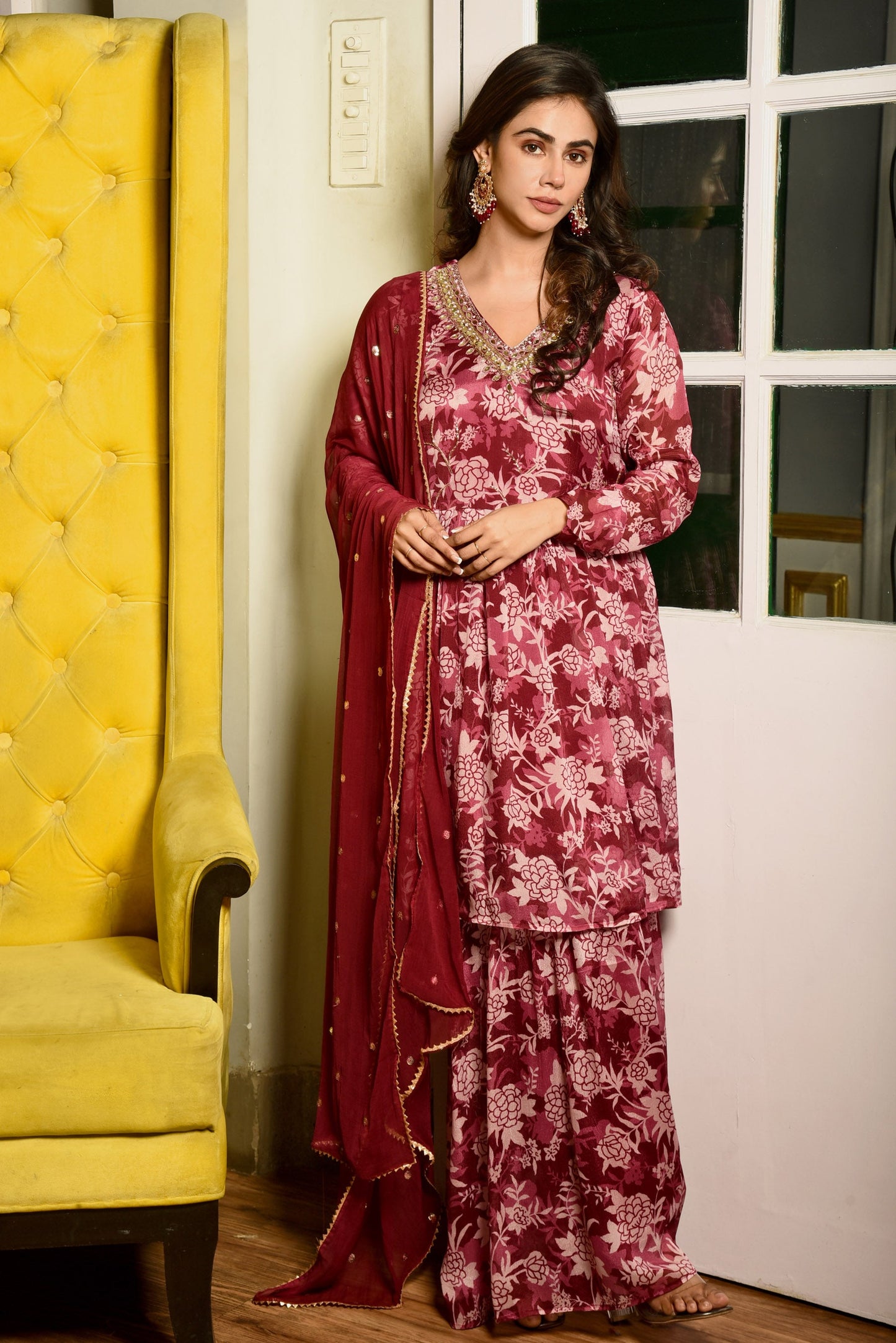 Maroon Elegance Printed Sharara set with Embroidery