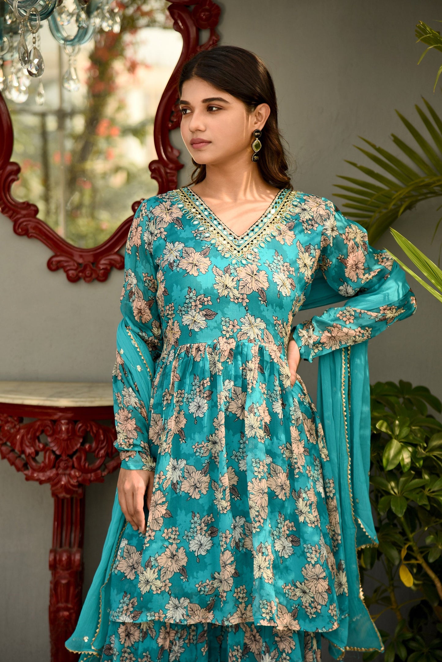 Turquoise Printed Sharara set with Embroidery